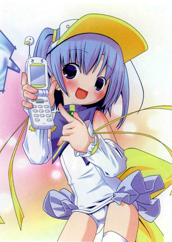 pop, pastel ink, moetan, 00s, 1girl, :d, asymmetrical clothes, cellphone, female focus, magical girl, one-piece swimsuit, open mouth, phone, school swimsuit, single thighhigh, smile, solo, swimsuit, thighhighs, white one-piece swimsuit, white school swimsuit