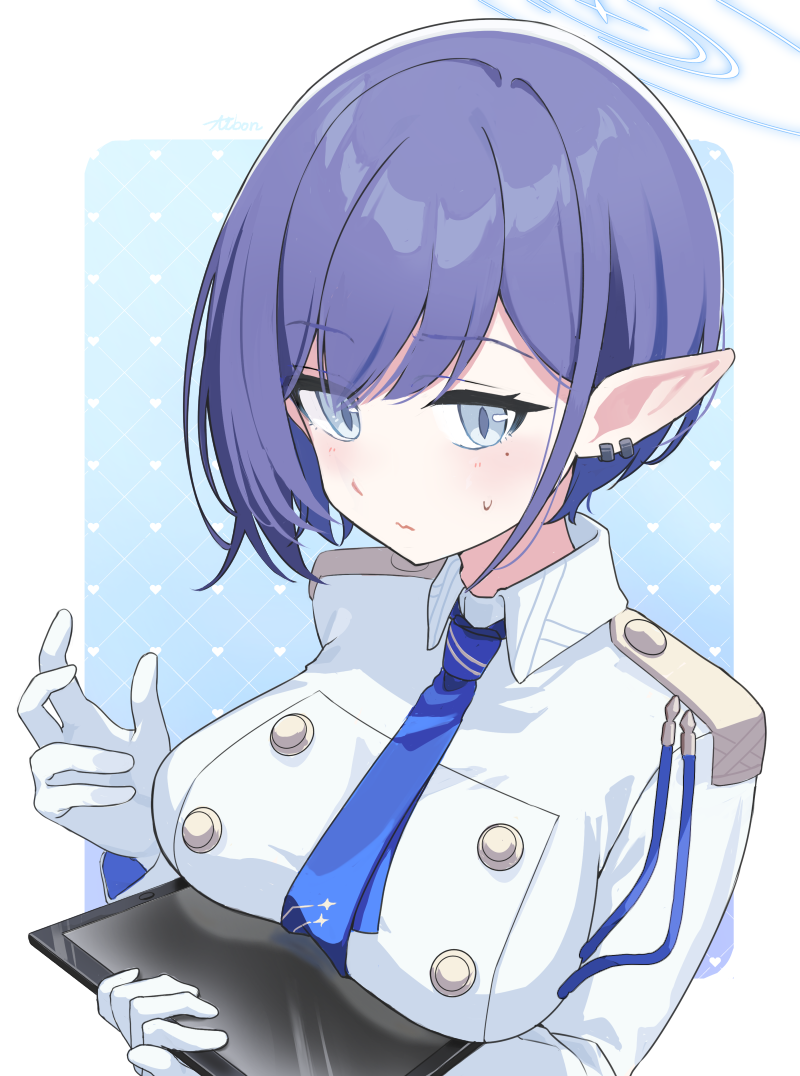 aibon, aoi (blue archive), blue archive, commentary request, variant set, 1girl, blue eyes, blue hair, blue halo, blue necktie, breast rest, breasts, buttons, carried breast rest, carrying, closed mouth, collared jacket, double-breasted, earclip, gloves, gradient background, halo, holding, holding tablet pc, jacket, large breasts, long sleeves, looking at viewer, mole, mole under eye, necktie, notice lines, patterned background, pointy ears, short hair, small sweatdrop, solo, stylus, tablet pc, upper body, white gloves, white jacket
