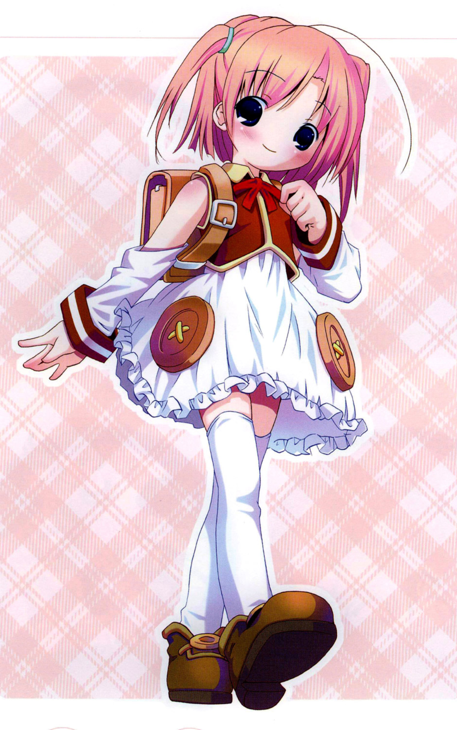 nijihara ink, moetan, highres, 00s, 1girl, backpack, bag, blue eyes, blush, buttons, detached sleeves, female focus, large buttons, pink hair, randoseru, solo, thighhighs, two side up