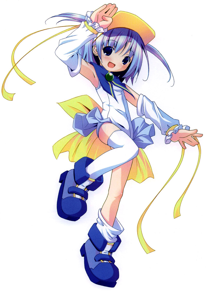 pop, pastel ink, moetan, highres, 00s, 1girl, asymmetrical clothes, blue eyes, blue hair, blush, boots, female focus, magical girl, one-piece swimsuit, open mouth, school swimsuit, single thighhigh, solo, swimsuit, thighhighs, two side up, white one-piece swimsuit, white school swimsuit