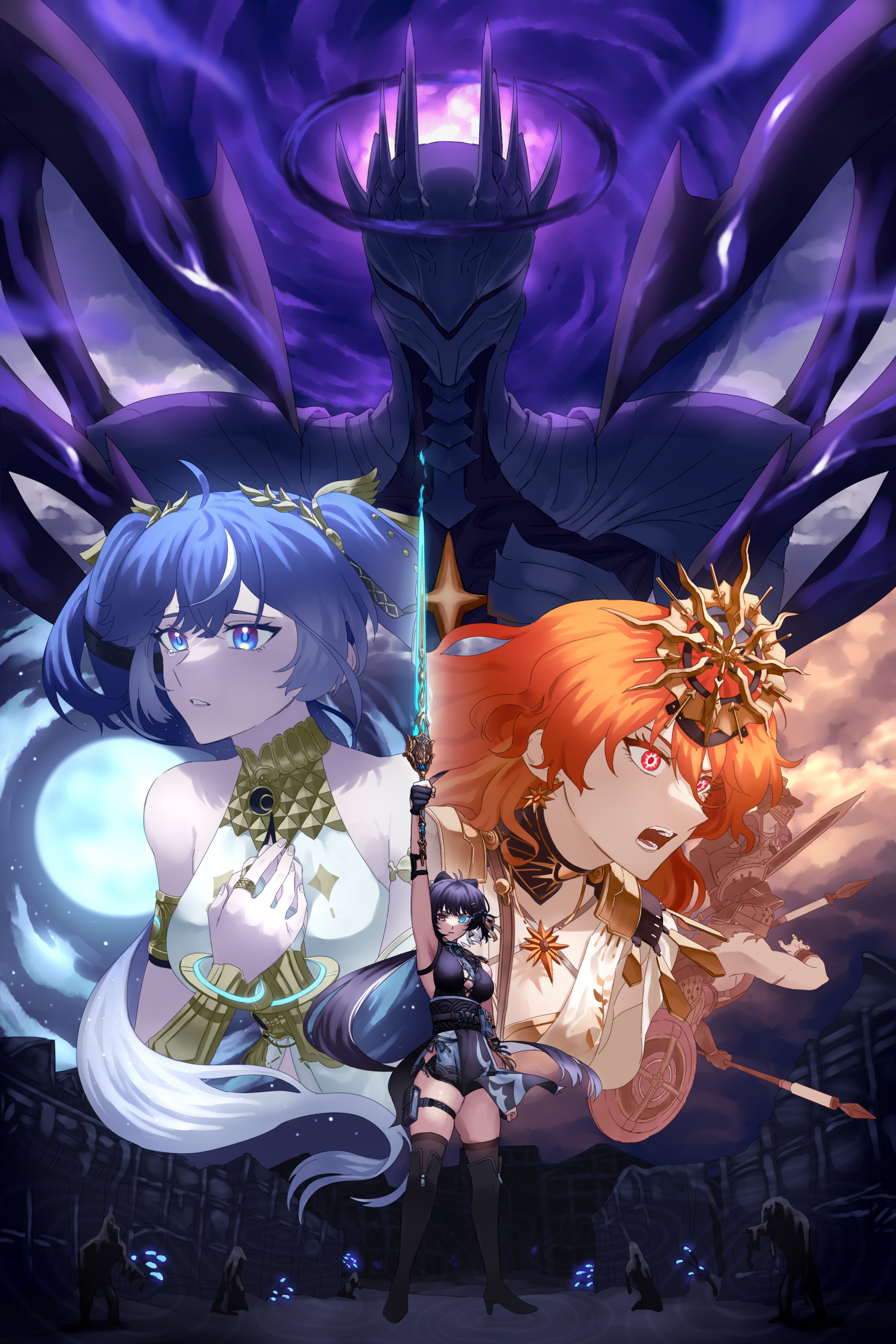 psym 2cha, augusta (wuthering waves), female rover (wuthering waves), iuno (wuthering waves), rover (wuthering waves), wuthering waves, absurdres, commentary, english commentary, highres, 3girls, 3others, arm up, armlet, bare shoulders, black collar, black dress, black gloves, black hair, black thighhighs, blue eyes, blue hair, boots, breasts, collar, cross-laced clothes, cross-laced dress, dress, earrings, false sovereign (wuthering waves), gloves, hair belt, hair ribbon, hands on own chest, head wreath, headgear, heterochromia, holding, holding sword, holding weapon, jewelry, long hair, looking at viewer, low ponytail, medium breasts, multiple girls, multiple others, open mouth, own hands together, parted lips, ponytail, pouch, red eyes, ribbon, short shorts, shorts, sun earrings, sun necklace, sword, tacet discord (wuthering waves), tearing up, thigh boots, thigh pouch, thighhighs, thighhighs under boots, thighs, twintails, weapon, yellow eyes, yellow ribbon
