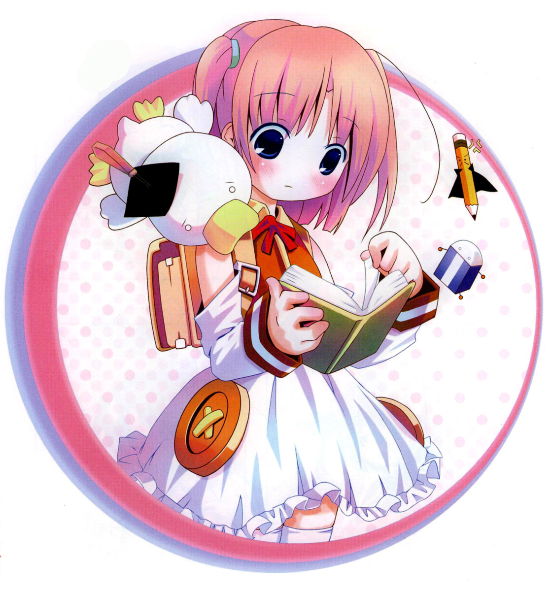 pop, ah-kun, nijihara ink, oni-kun, pen-kun, moetan, highres, 00s, 1girl, backpack, bag, blue eyes, blush, book, buttons, large buttons, pink hair, randoseru, thighhighs
