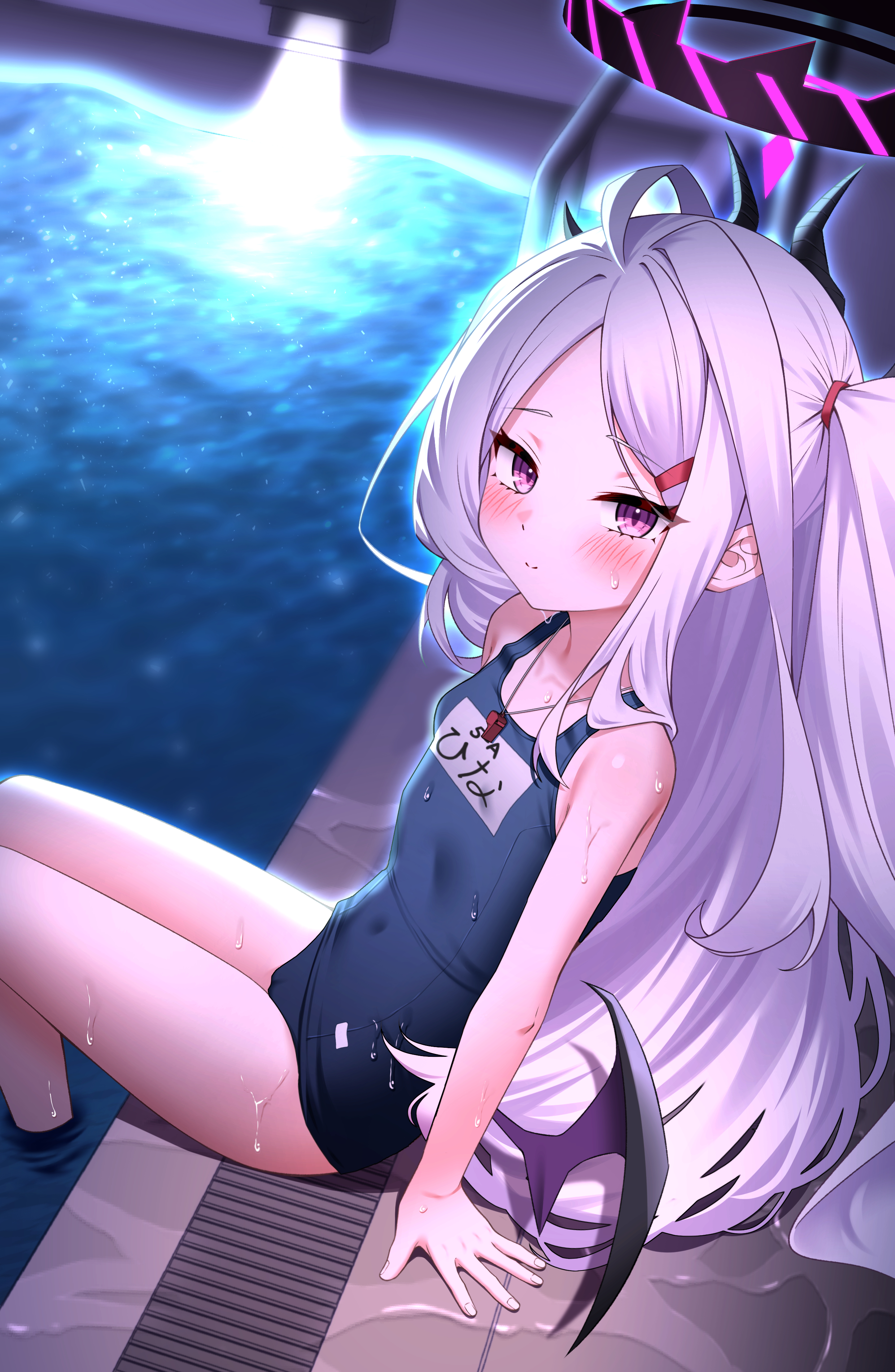 otakummm, hina (blue archive), hina (swimsuit) (blue archive), blue archive, absurdres, highres, 1girl, black halo, blue one-piece swimsuit, blush, closed mouth, halo, long hair, looking at viewer, low wings, official alternate costume, one-piece swimsuit, pool, purple eyes, sitting, smile, swimsuit, wet, wet clothes, wet swimsuit, whistle, whistle around neck, white hair, wings