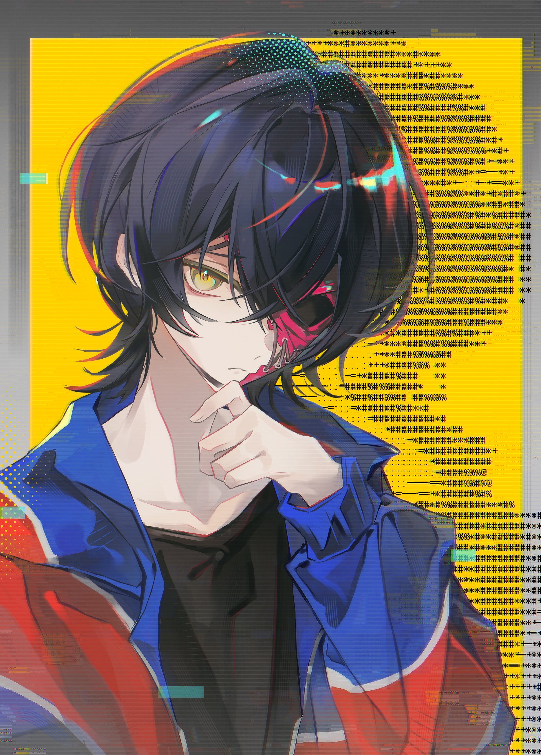 absurdres, commentary request, highres, 1girl, black hair, closed mouth, fumei shaku, hair between eyes, half mask, jacket, long sleeves, looking at viewer, mask, open clothes, open jacket, rei shimobe, reverse trap, shirt, short hair, shuten order, simple background, solo, upper body, yellow eyes