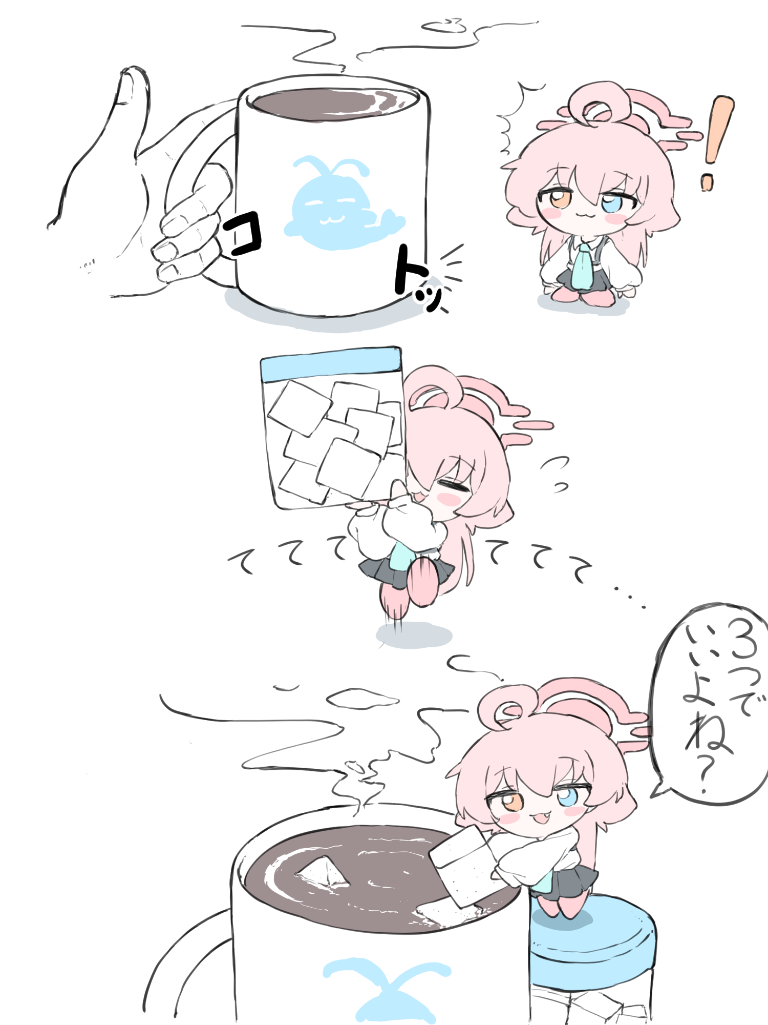 norippe (user zgsf8872), hoshino (blue archive), blue archive, commentary request, highres, translation request, !, 1girl, 1other, :d, ^^^, ahoge, black skirt, blue eyes, blue necktie, blush stickers, chibi, coffee, collared shirt, cup, fang, halo, heterochromia, holding, holding cup, long hair, long sleeves, mini person, minigirl, mug, necktie, open mouth, orange eyes, pantyhose, pink hair, pink pantyhose, pleated skirt, puffy long sleeves, puffy sleeves, running, shirt, skirt, smile, steam, sugar cube, very long hair, white background, white shirt