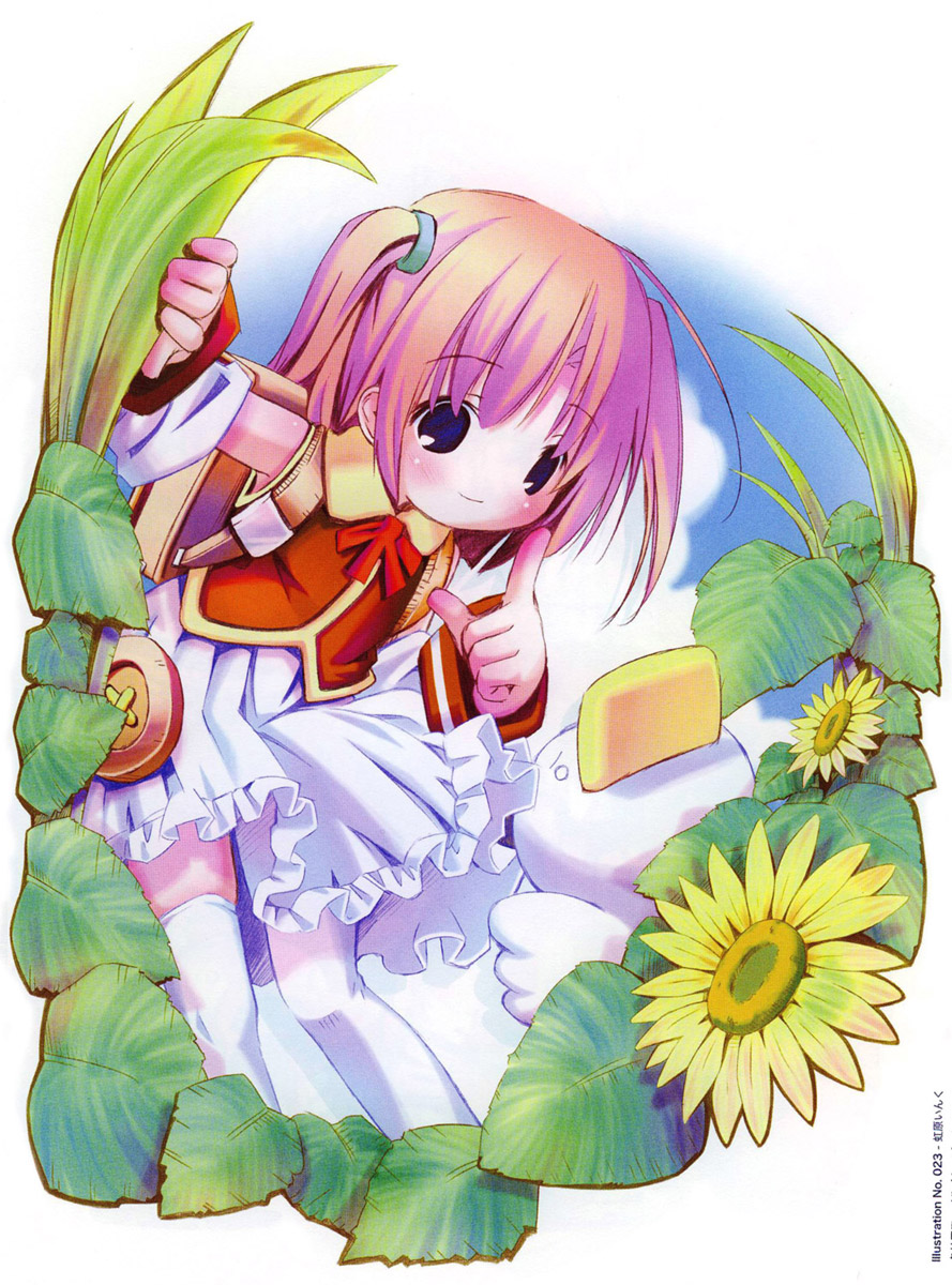 pop, ah-kun, nijihara ink, moetan, highres, 00s, 1girl, bent over, blush, dress, female focus, flower, leaf, long sleeves, looking at viewer, pink hair, plant, red eyes, short hair, side ponytail, simple background, solo, thighhighs, white background, white dress, white thighhighs, zettai ryouiki