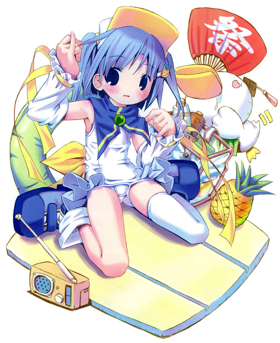 pop, ah-kun, pastel ink, moetan, highres, 00s, 1girl, asymmetrical clothes, blue eyes, blue hair, food, food-themed hair ornament, fruit, fruit hair ornament, hair ornament, magical girl, one-piece swimsuit, pineapple, pineapple hair ornament, saliva, school swimsuit, single thighhigh, swimsuit, thighhighs, two side up, white one-piece swimsuit, white school swimsuit