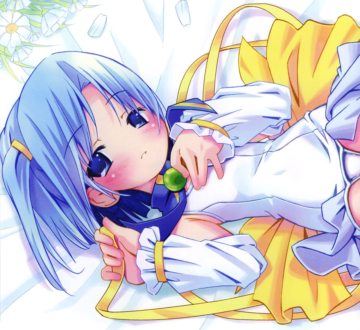 pop, pastel ink, moetan, 00s, 1girl, bed, blue eyes, blue hair, blush, female focus, magical girl, one-piece swimsuit, parted lips, school swimsuit, solo, swimsuit, white one-piece swimsuit, white school swimsuit