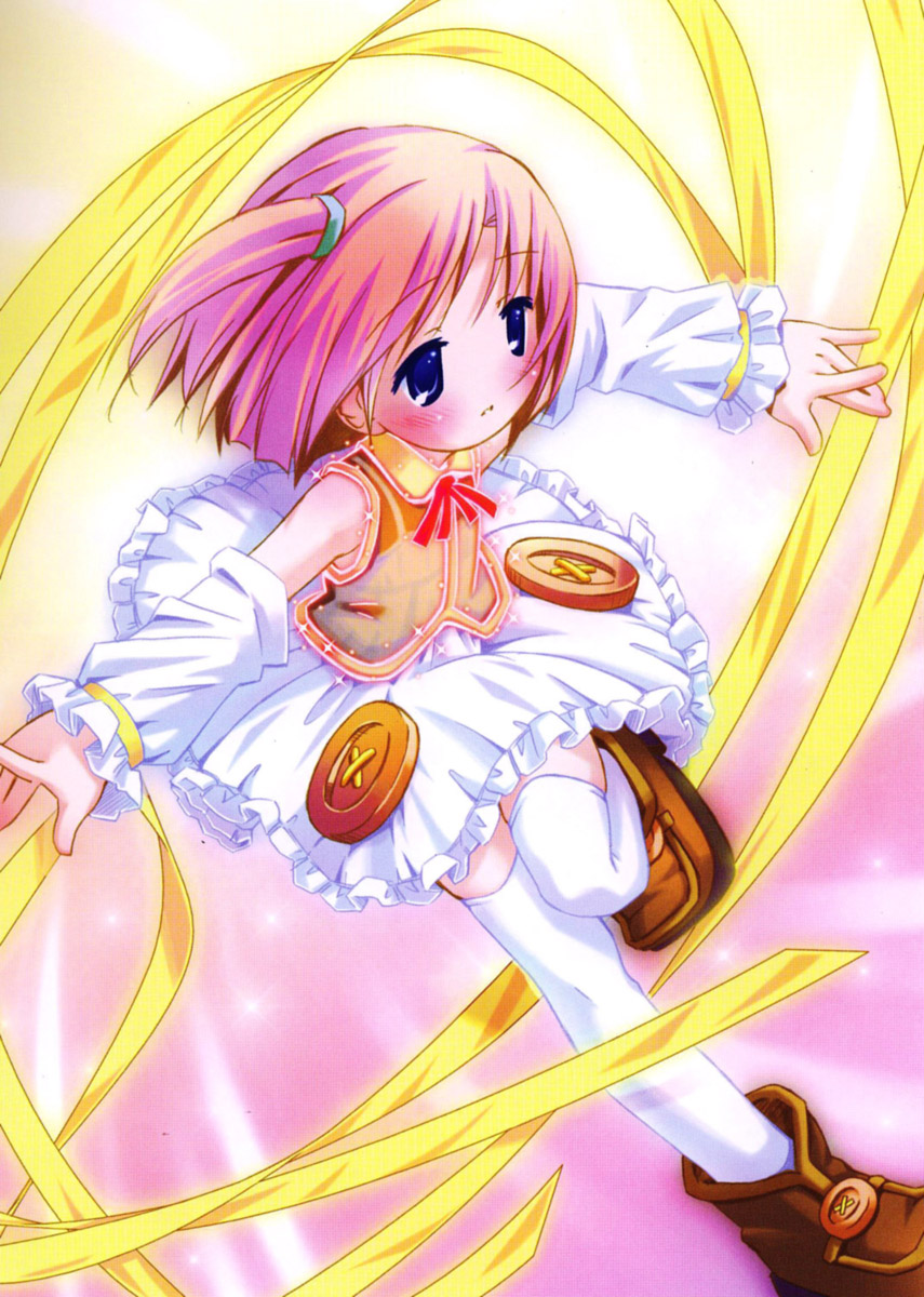 pop, nijihara ink, moetan, highres, 00s, 1girl, blue eyes, buttons, detached sleeves, female focus, henshin, large buttons, pink hair, ribbon, short hair, solo, thighhighs, transformation