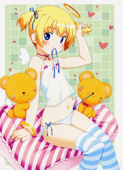 kuuchuu yousai, 1girl, female focus, halo, loli, mouth hold, panties, ribbon, side-tie panties, solo, striped clothes, striped thighhighs, thighhighs, underwear, wings