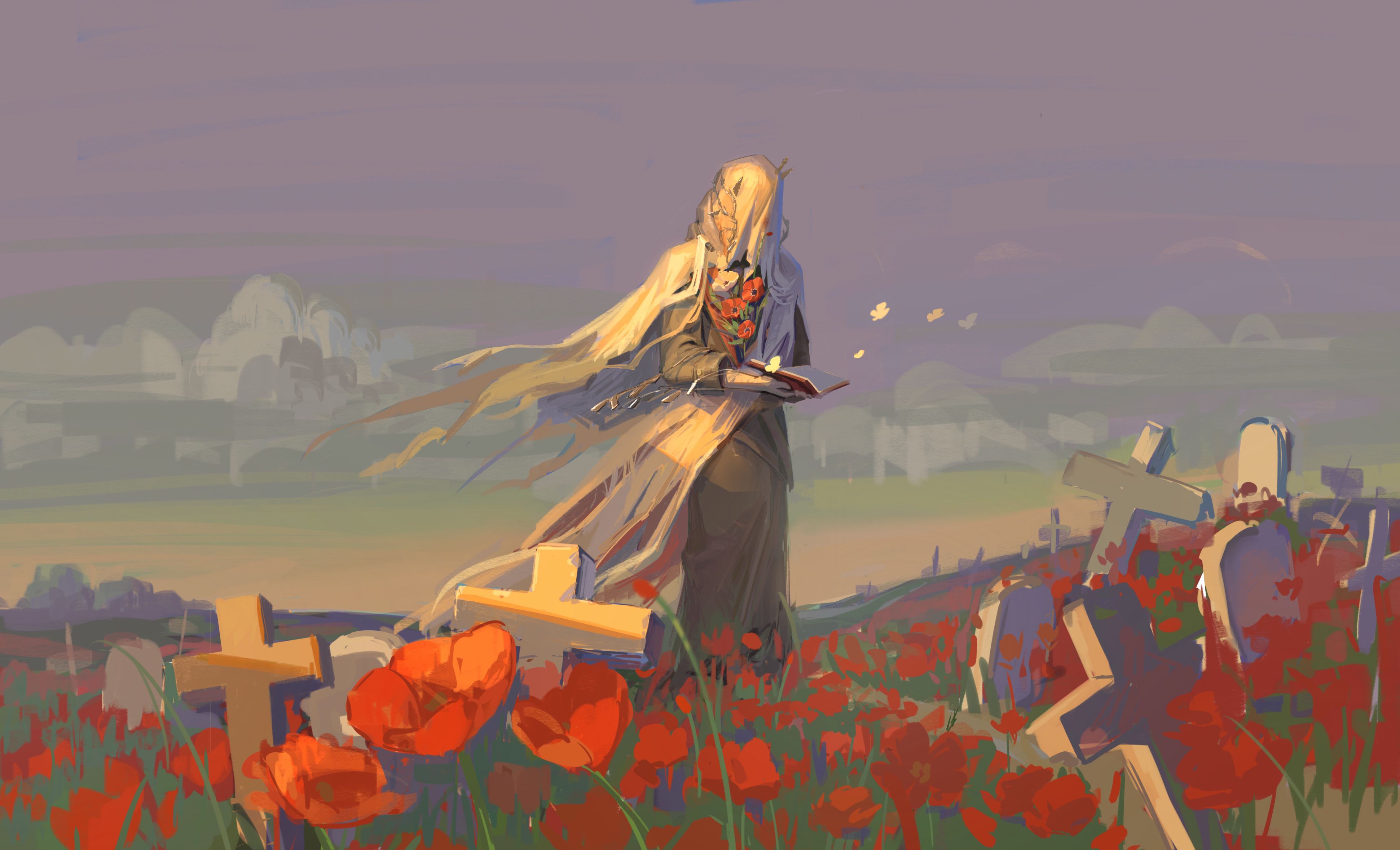 reverse:1999, absurdres, highres, procreate (medium), 1boy, charon (reverse:1999), chise zhanche, coat, covered face, cross, dog tags, flower, gloves, grey coat, grey sky, holding, holding dog tags, holding notebook, male focus, notebook, poppy (flower), red flower, sky, solo, standing, tombstone, too many flowers, veil, white flower, white gloves, white veil, wide shot