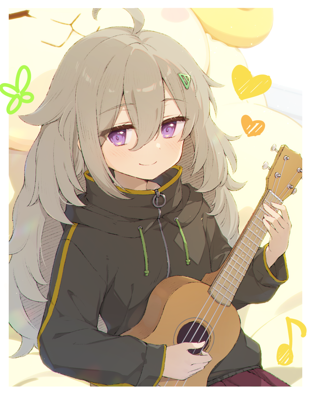 cohiyuri, higa tsutsuji, hibi wa sugiredo meshi umashi, highres, 1girl, ahoge, brown hair, closed mouth, green hair ornament, hair ornament, high collar, holding, holding instrument, holding ukulele, hood, hooded jacket, instrument, jacket, looking at viewer, purple eyes, smile, solo, stuffed animal, stuffed sheep, stuffed toy, triangle hair ornament, ukulele, zipper