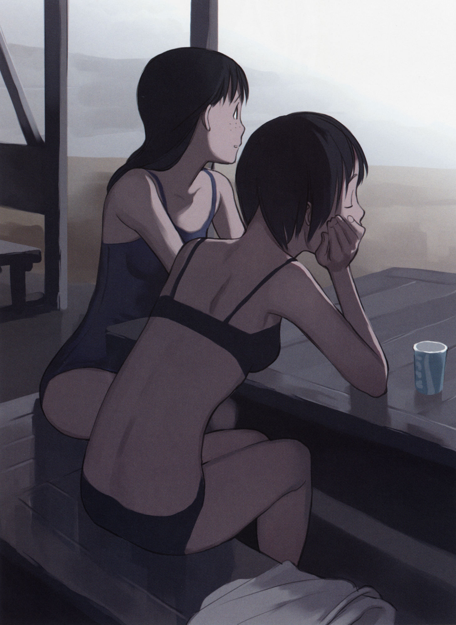 takamichi, highres, 2girls, bikini, black one-piece swimsuit, freckles, multiple girls, one-piece swimsuit, school swimsuit, swimsuit