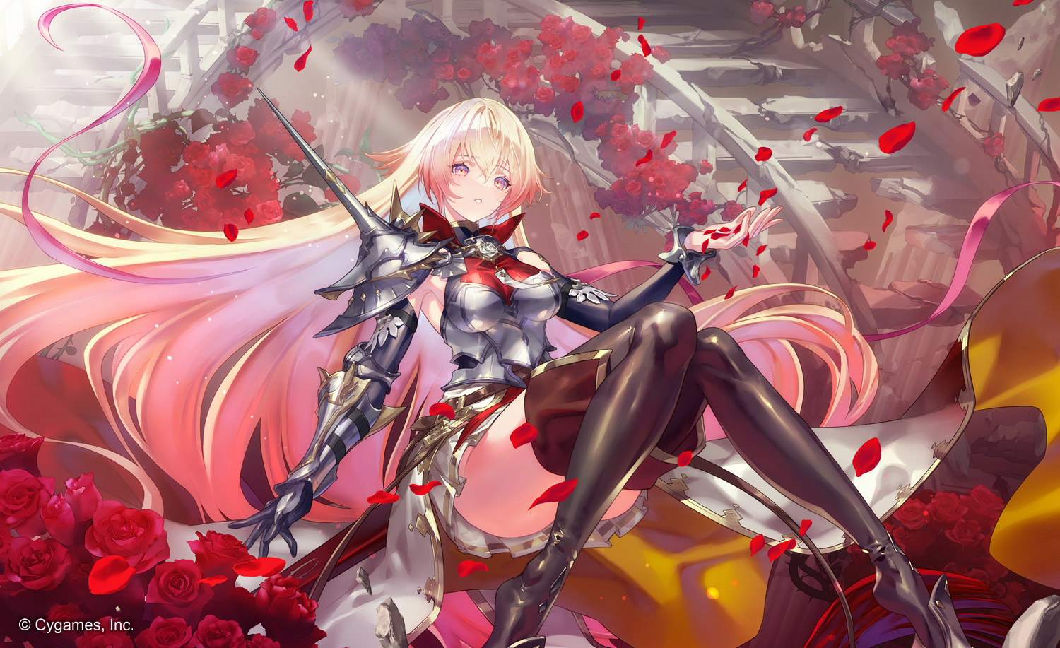 yanagawa eri, shadowverse, shadowverse: worlds beyond, official art, 1girl, armor, blonde hair, flower, gauntlets, gradient hair, long hair, marie=malisse, multicolored eyes, multicolored hair, petals, pleated skirt, rose, rose petals, shoulder spikes, skirt, solo, solo focus, spikes, streaked hair, thighhighs, very long hair, white flower, white rose