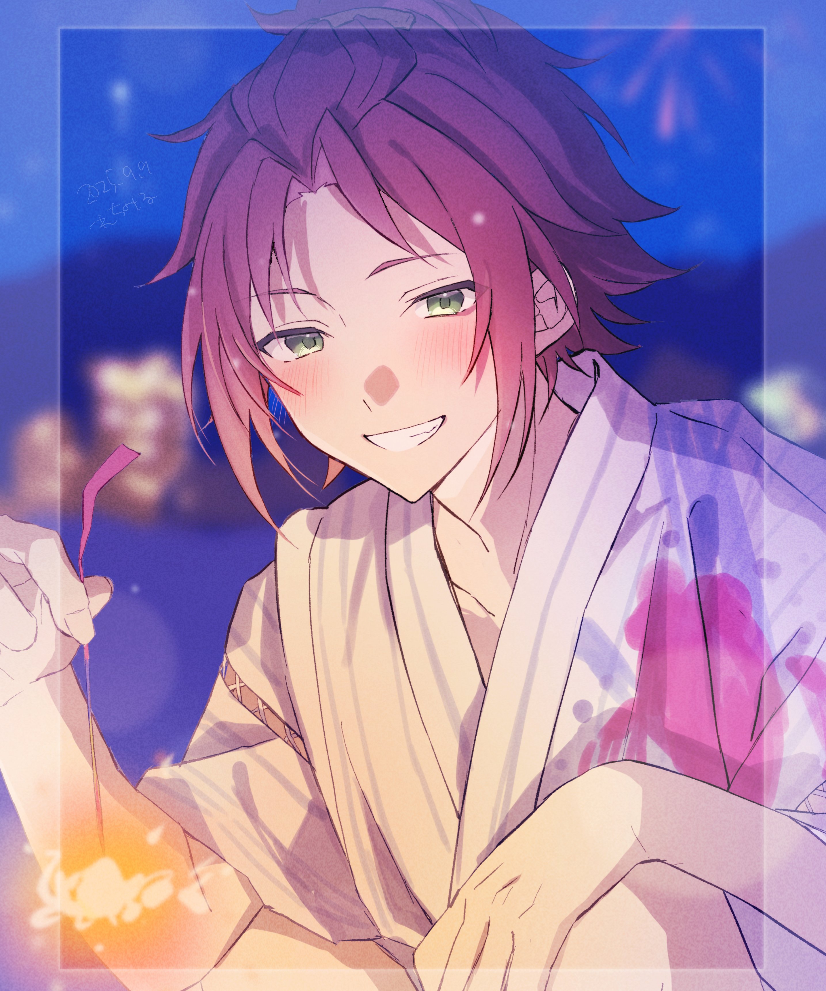 reijiro, isara mao, ensemble stars!, absurdres, highres, 1boy, bangs pinned back, fingernails, green eyes, hand up, holding, holding fireworks, japanese clothes, kimono, looking at viewer, male focus, outdoors, purple hair, smile, solo, teeth