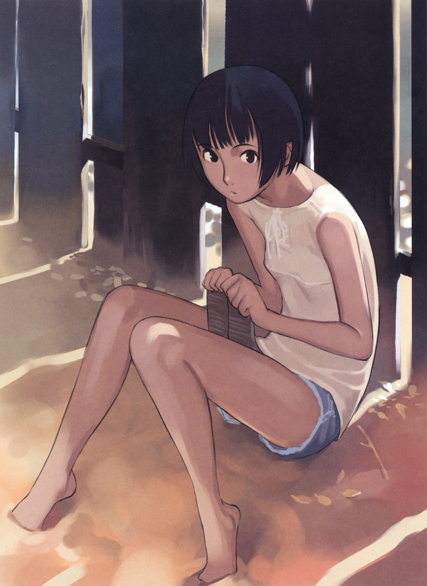 takamichi, highres, barefoot, blouse, flat chest, sand, sandals, shirt, shorts, sitting, sleeveless, sleeveless shirt, solo