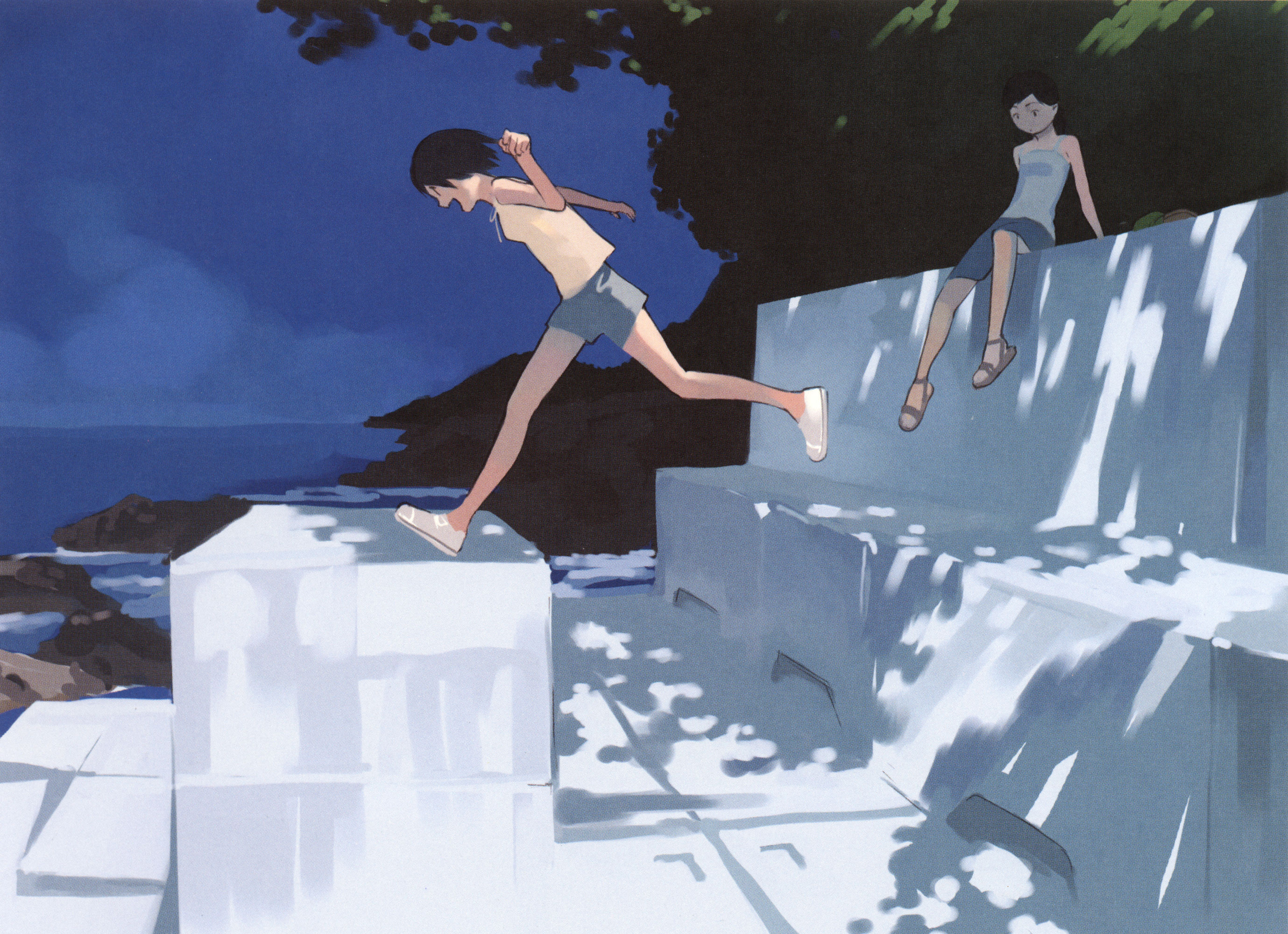 takamichi, highres, 2girls, day, jumping, multiple girls, muted color, sandals, shade, shore, sky, slice of life