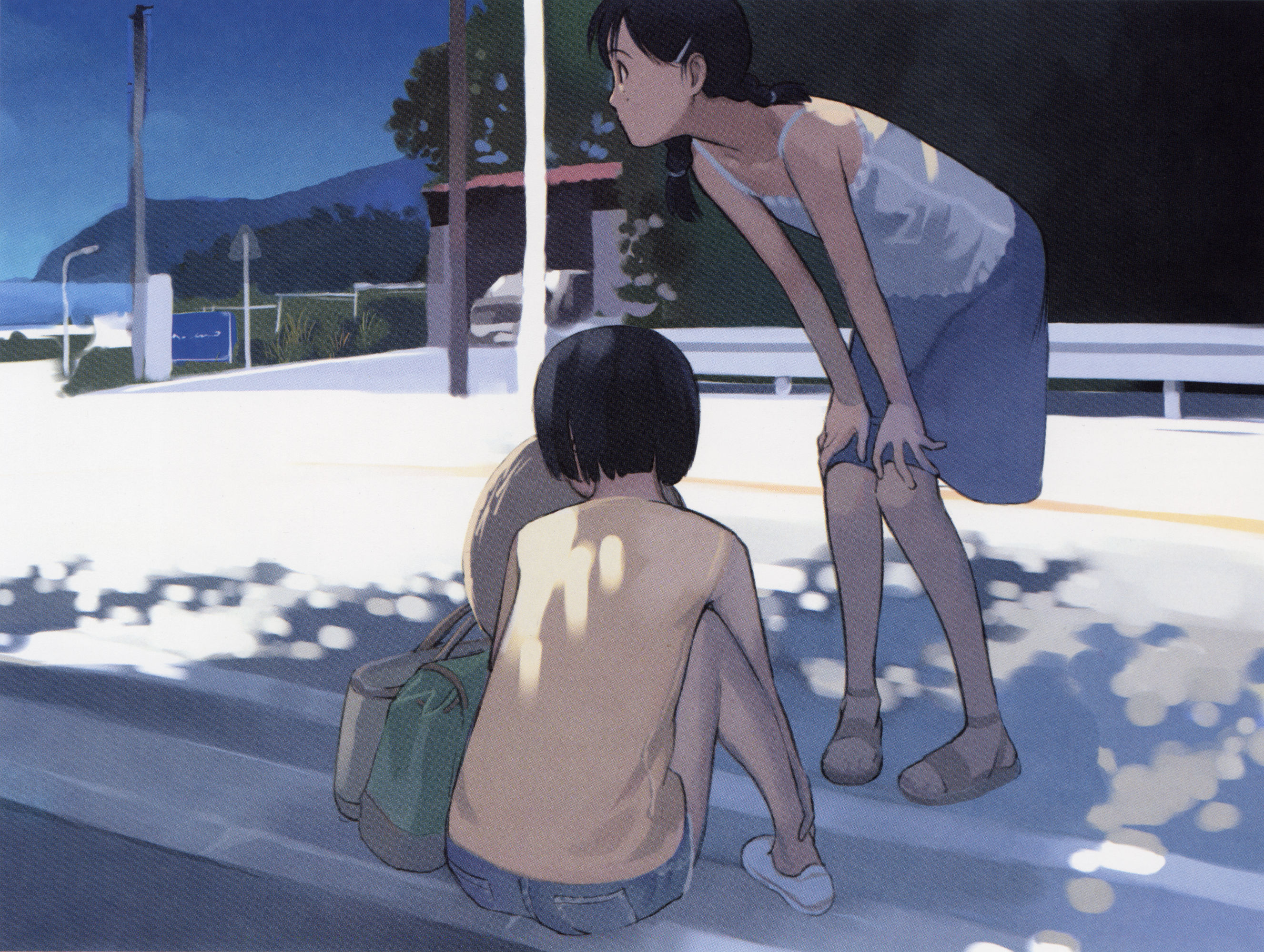 takamichi, looking away, white footwear, highres, 2girls, ankle grab, back, bag, bent over, black eyes, blue sky, braid, camisole, car, dappled sunlight, day, denim, denim shorts, flat chest, grass, hair ornament, hairclip, hands on own knees, hat, knees together feet apart, lamppost, motor vehicle, mountain, multiple girls, ocean, outdoors, pigeon-toed, road, road sign, sandals, shoes, short hair, shorts, shoulder bag, sign, signpost, skirt, sky, sleeveless, standing, street, summer, sunlight, tree, tree shade, twintails, unworn hat, unworn headwear