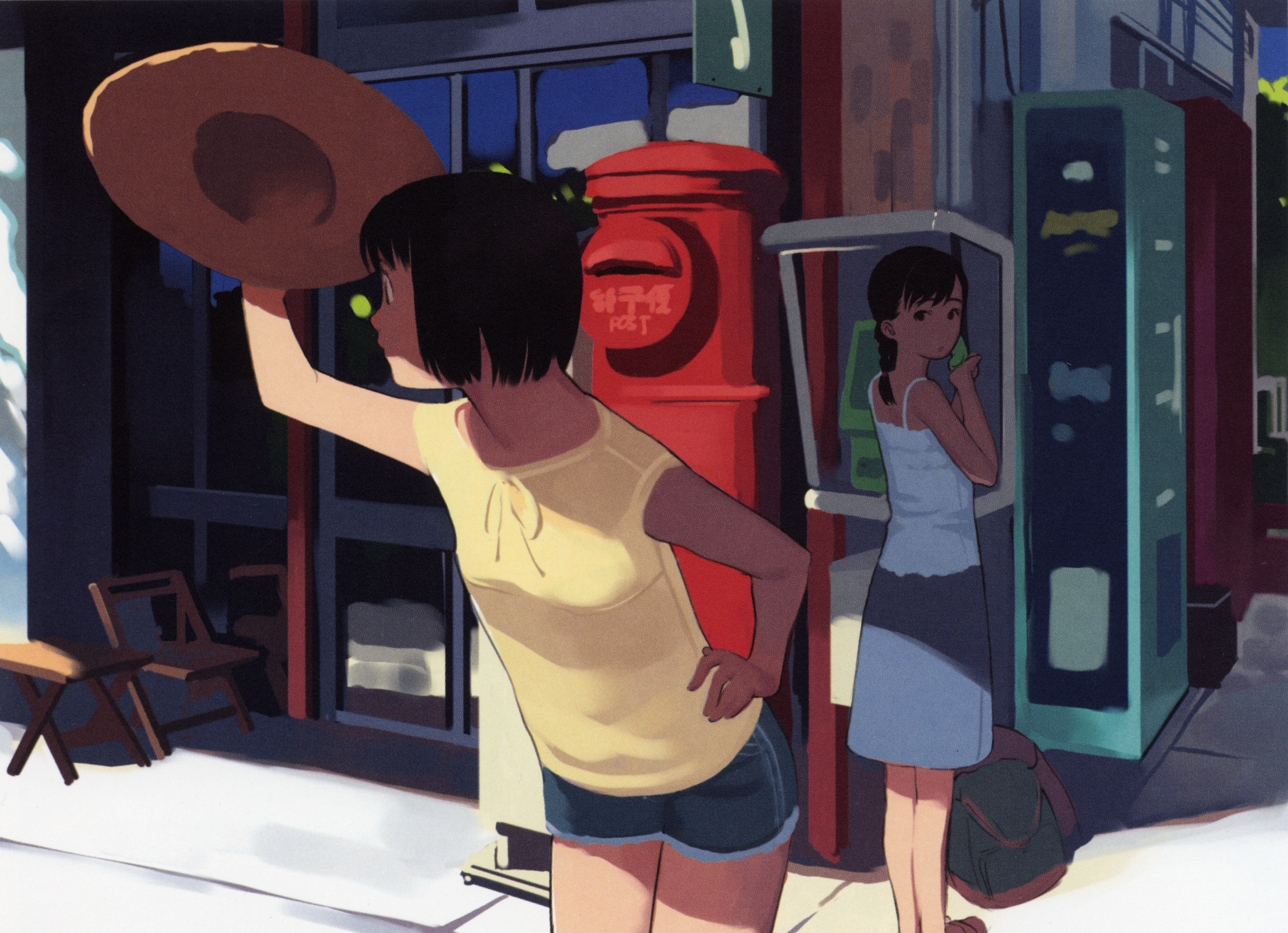 takamichi, looking away, highres, 2girls, back, bag, black eyes, black hair, bob cut, braid, camisole, chair, day, denim, denim shorts, folding chair, grass, hand on own hip, hat, holding, holding unworn clothes, holding unworn hat, leaning forward, legs together, looking at viewer, looking back, multiple girls, outdoors, phone, reflection, ribbon, shade, shading eyes, shirt, short hair, shorts, skirt, sleeveless, sleeveless shirt, sliding doors, standing, summer, swept bangs, table, unworn hat, unworn headwear, vending machine, wooden chair, wooden table