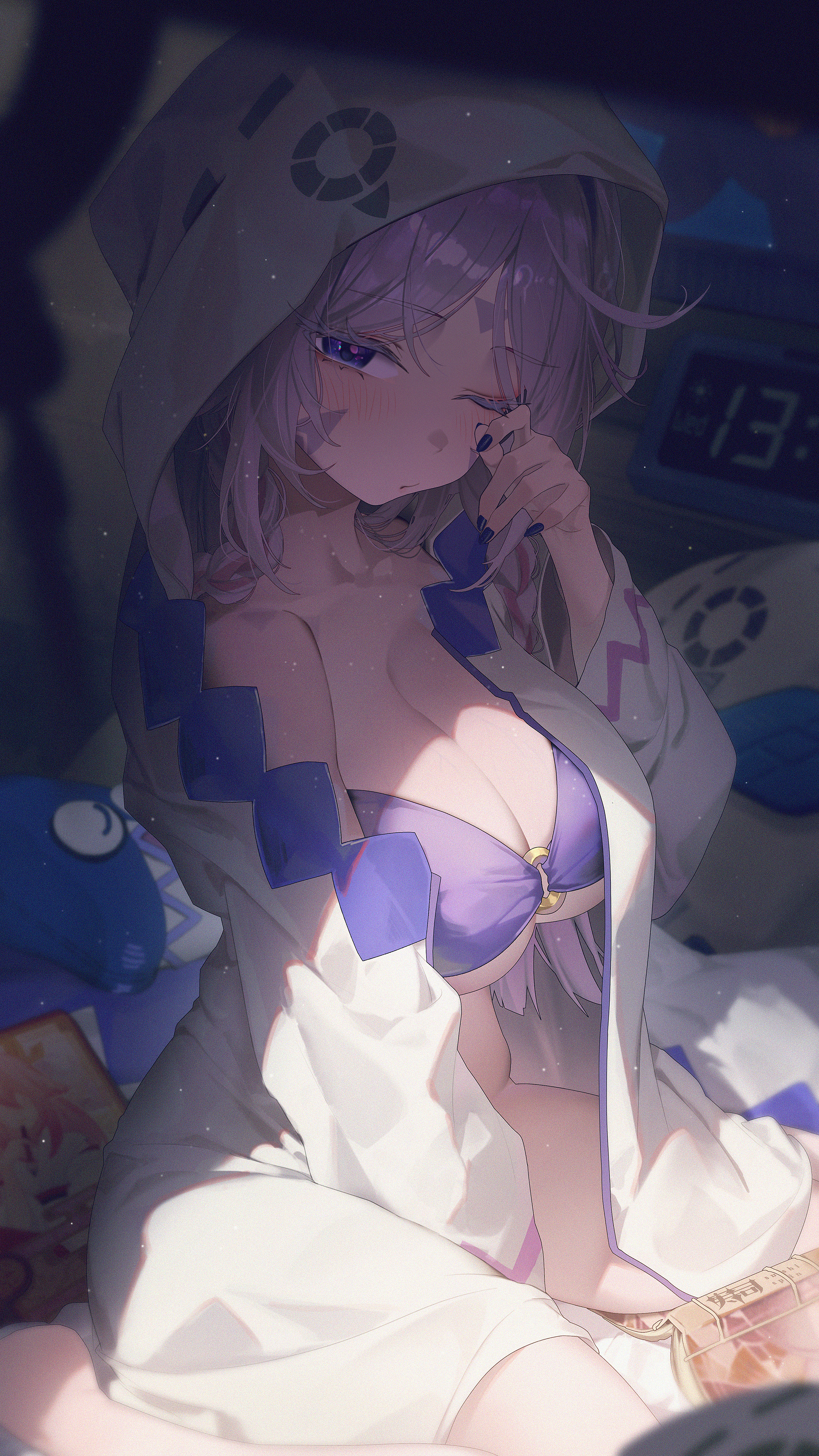 sushispin, citlali (genshin impact), citlalin (genshin impact), itzpapa (genshin impact), yae miko, genshin impact, absurdres, commentary request, highres, partial commentary, 1girl, alarm clock, blue bra, blue eyes, body markings, bottomless, bra, braid, breasts, cleavage, clock, closed mouth, collarbone, facial mark, fingernails, forehead mark, hood, hooded jacket, indoors, jacket, large breasts, light blush, long hair, looking at viewer, low twin braids, manga (object), multicolored hair, nail polish, o-ring, one eye closed, pink hair, purple bra, purple nails, rubbing eyes, sitting, solo, strapless, strapless bra, streaked hair, triangle, triangle facial mark, twin braids, underwear, wariza, white jacket