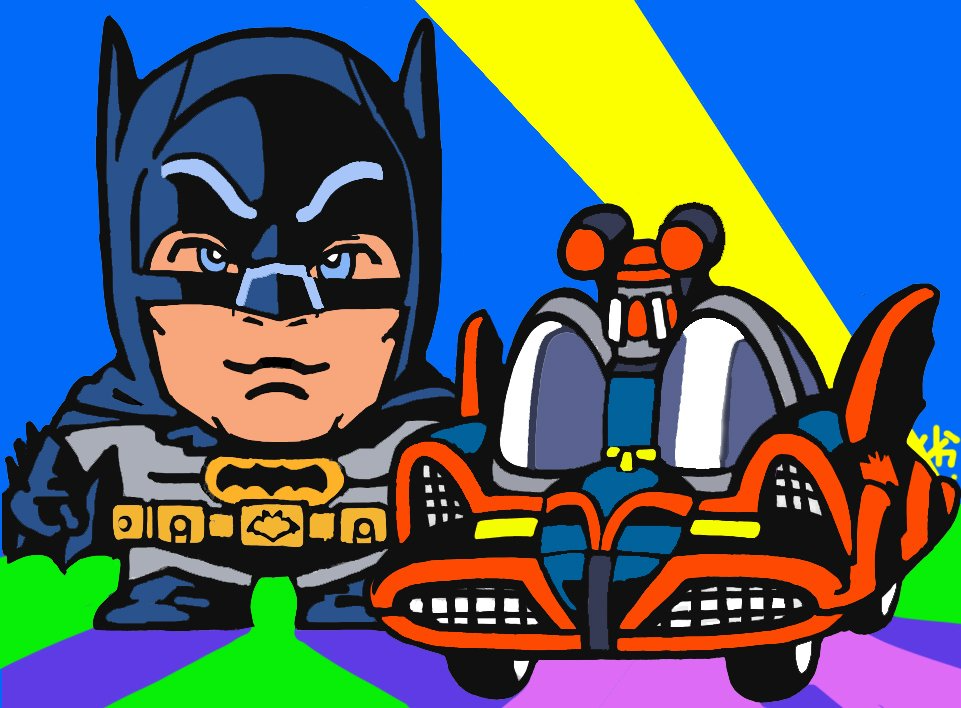 adam west, batman, batman (1966 tv series), batman (series), dc comics, warner bros., bat (animal), batmobile, belt, boots, cape, car, chibi, gloves, mask, motor vehicle, nisegundam, superhero costume