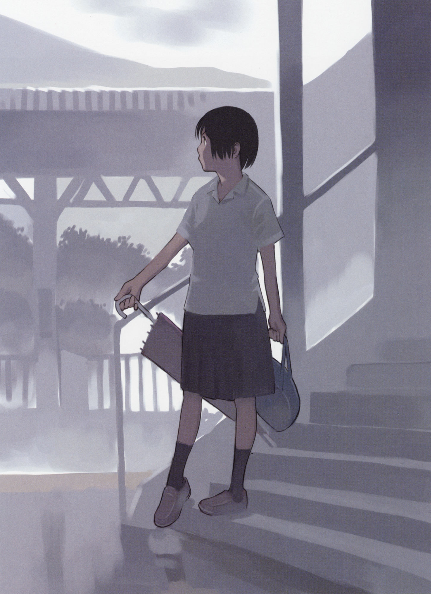 takamichi, highres, rain, school uniform, serafuku, umbrella