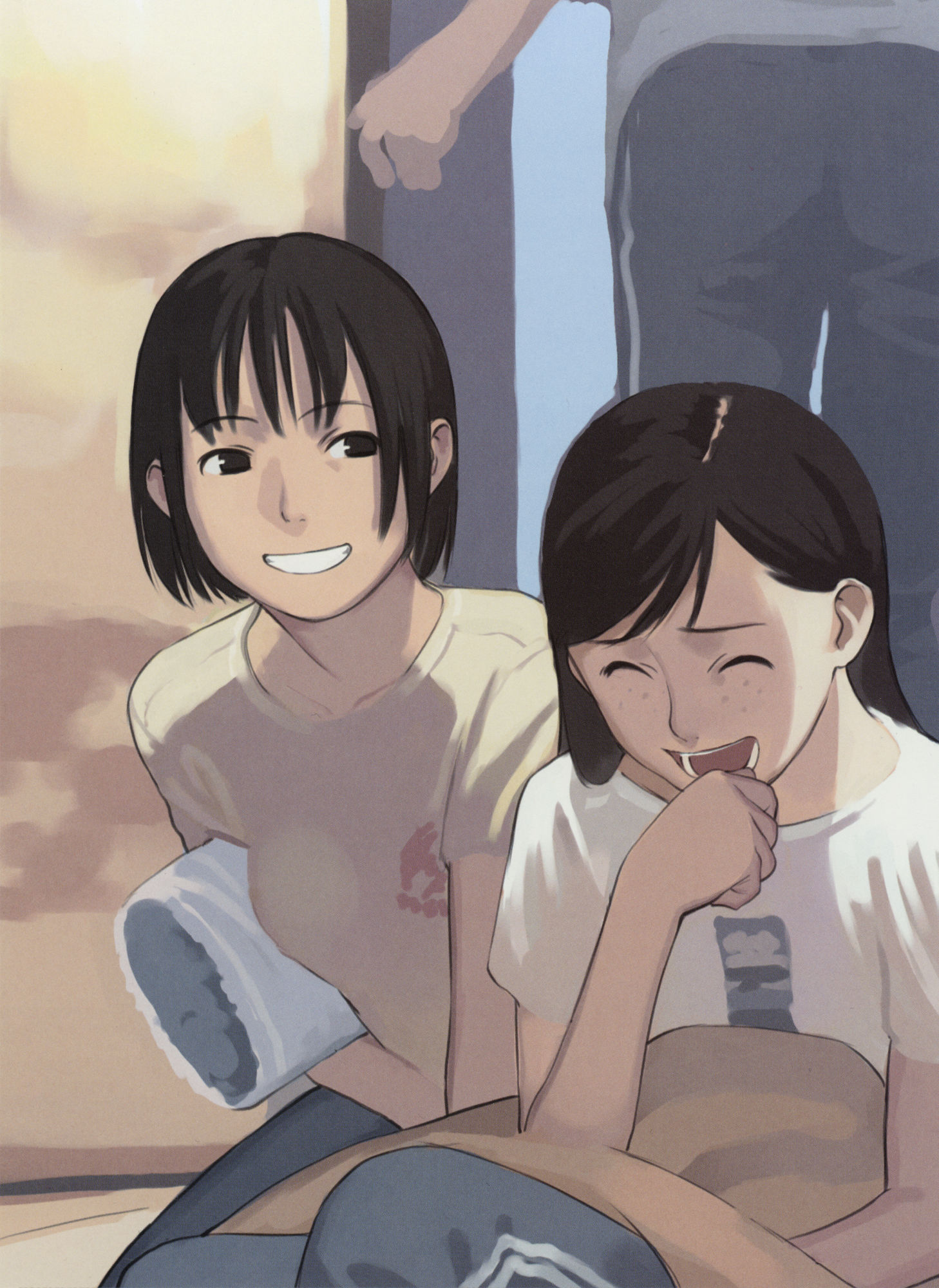 takamichi, highres, 2girls, :d, ^ ^, black hair, brown eyes, closed eyes, collarbone, dark-skinned female, dark skin, emblem, grin, laughing, multiple girls, open mouth, shade, shirt, short sleeves, sitting, smile, t-shirt, teeth, white shirt