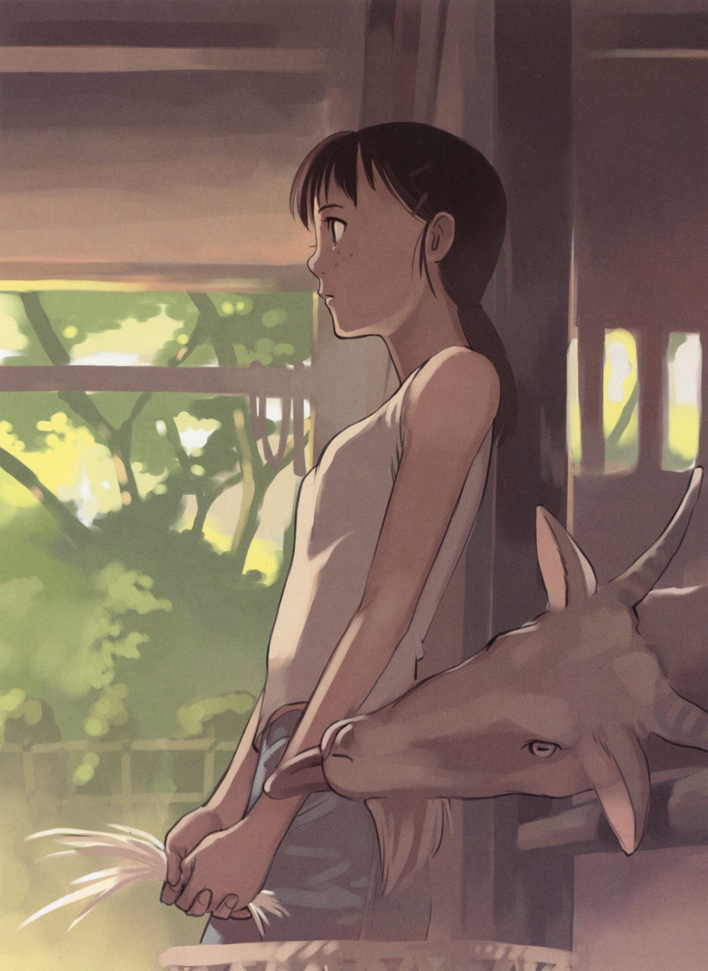 takamichi, highres, 1girl, bare shoulders, brown hair, denim, female focus, freckles, goat, hair ornament, hairclip, jeans, muted color, nature, pants, ponytail, slice of life, solo, tan, tank top, tongue