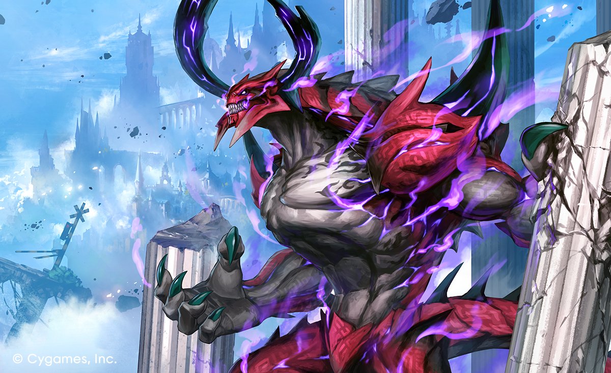 kometani hisanobu, shadowverse, shadowverse: worlds beyond, official art, broken pillar, claws, diawl, horns, monster, monster focus, no humans, sharp teeth, spiked tail, stone pillar, tail, teeth