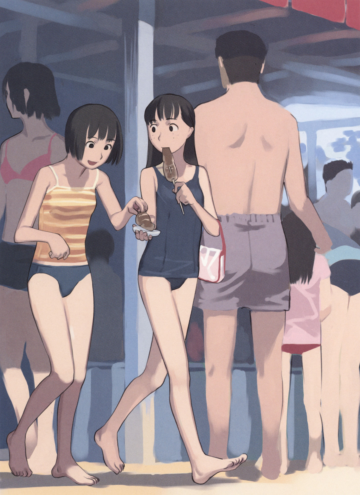 takamichi, highres, 1boy, 4girls, barefoot, bikini, bikini bottom only, black hair, black one-piece swimsuit, camisole, feet, flat chest, food, freckles, ikayaki, long hair, multiple girls, one-piece swimsuit, school swimsuit, shirt, short hair, slice of life, squid, striped clothes, striped shirt, swimsuit