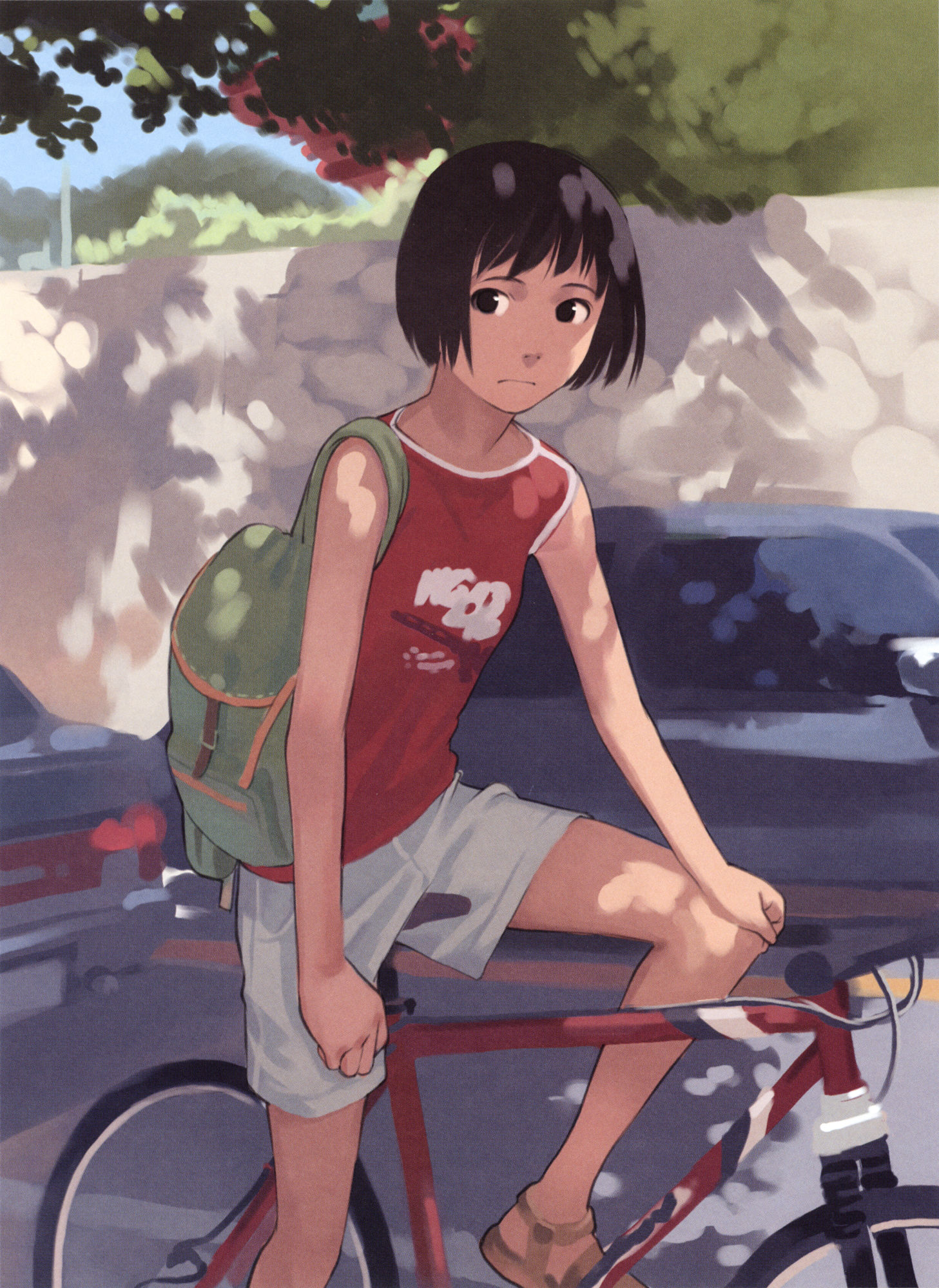 takamichi, wall, highres, 1girl, backpack, bag, bicycle, black eyes, black hair, brown hair, car, dappled sunlight, female focus, looking at viewer, motor vehicle, sandals, shirt, short hair, shorts, sleeveless, sleeveless shirt, solo, sunlight, tree, tree shade