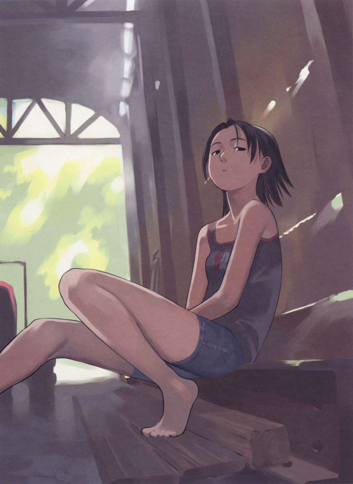takamichi, highres, tagme, barefoot, feet, flat chest, half-closed eyes, sitting, solo