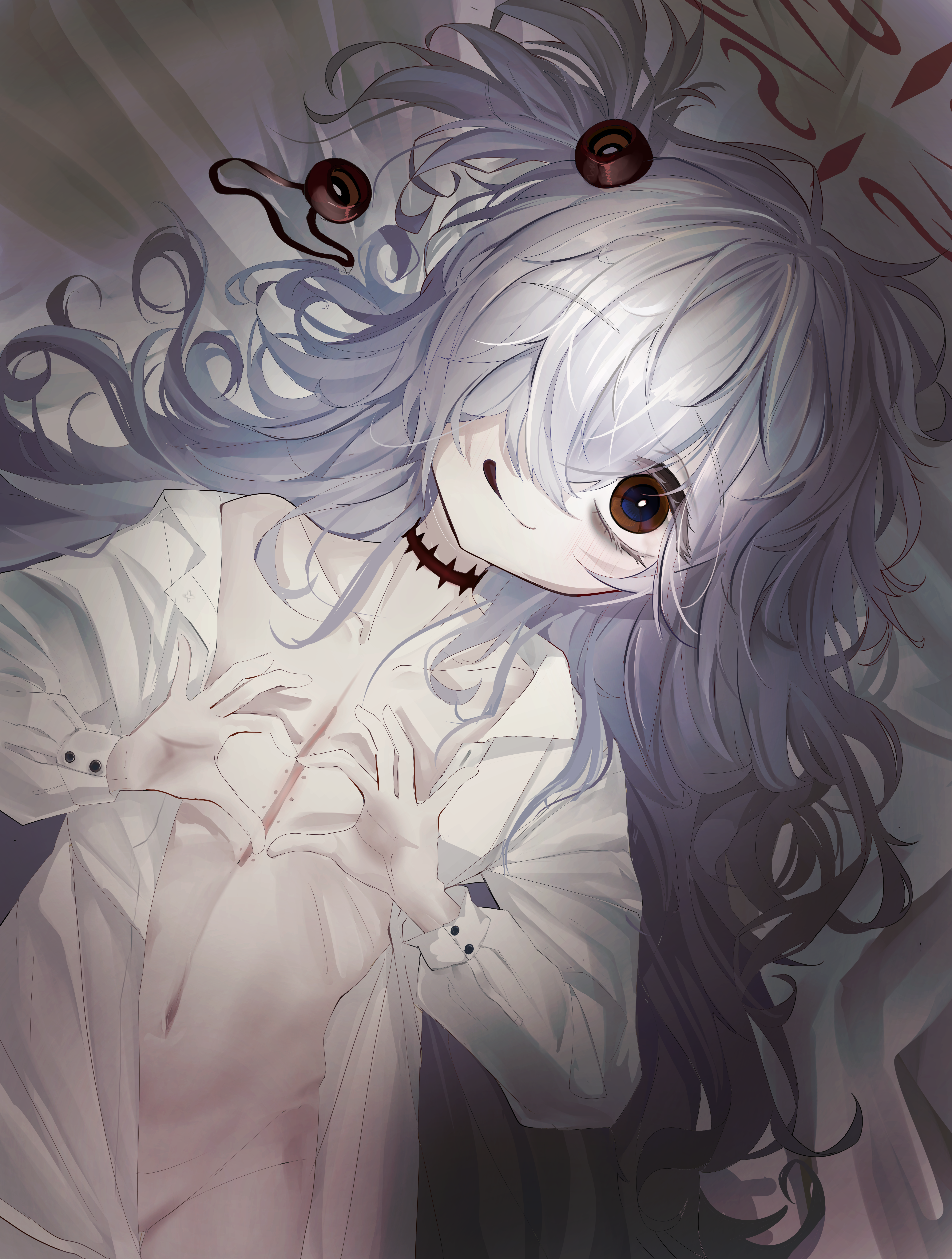unso (exxxxit), kanoe (blue archive), blue archive, absurdres, commentary, highres, 1girl, :q, bags under eyes, bottomless, brown eyes, collarbone, flat chest, grey hair, hair between eyes, hair ornament, hair over one eye, halo, heart, heart hands, long hair, long sleeves, looking at viewer, lying, on back, one side up, open clothes, open shirt, pale skin, ribs, scar, scar on chest, shirt, skinny, solo, tongue, tongue out, unworn hair ornament, upper body, white shirt