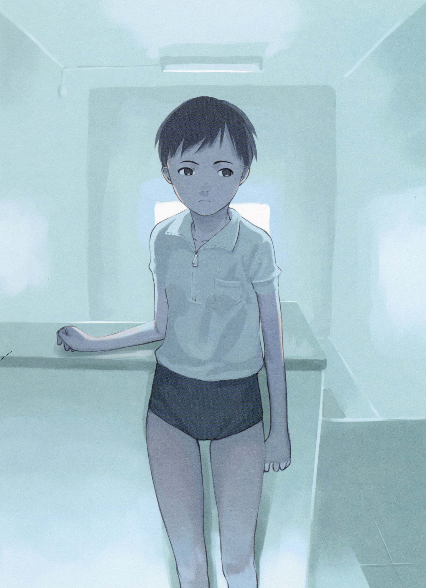 takamichi, light, highres, 1boy, 1girl, androgynous, black eyes, black hair, buruma, collared shirt, female focus, fluorescent lamp, gym uniform, shirt, short hair, solo, stairs, white shirt, window