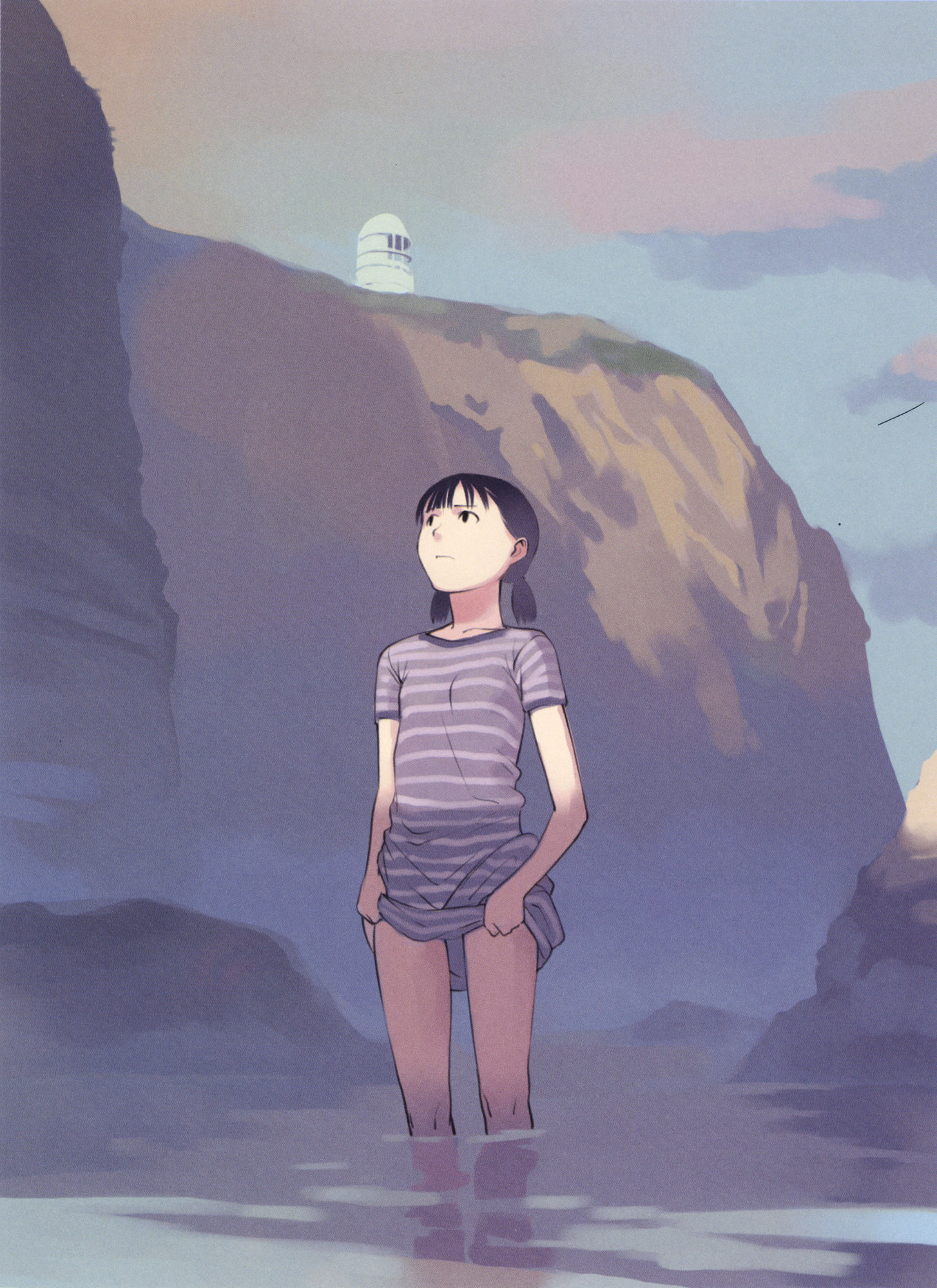 takamichi, striped, highres, 1girl, black hair, cliff, clothes lift, dress, dress lift, female focus, low twintails, muted color, outdoors, partially submerged, reflection, shade, shore, short twintails, solo, twintails, wading, water
