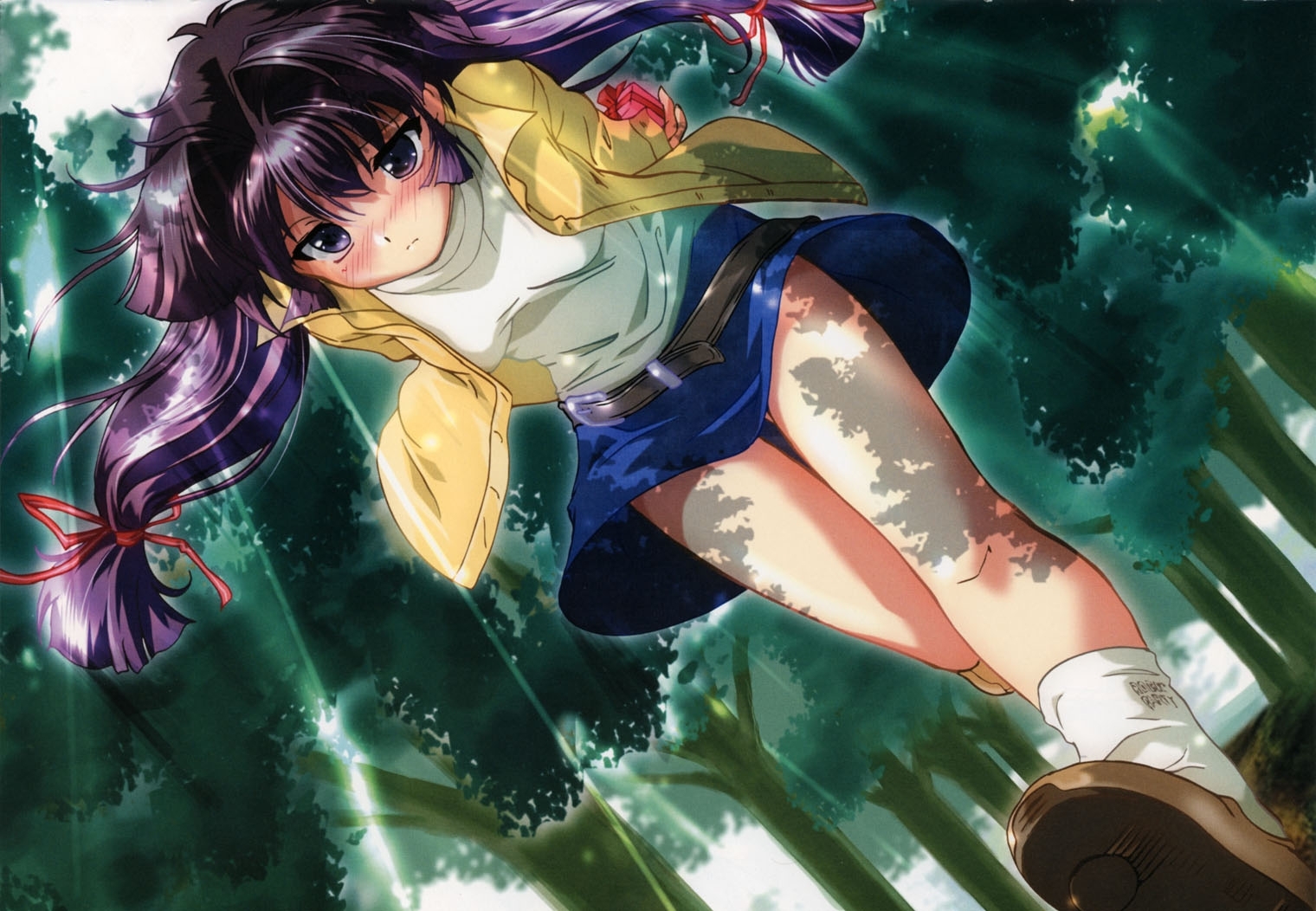 komatsu eiji, kamishiro rin, maburaho, scan, 00s, blouse, blush, brown shoes, dappled sunlight, day, gift, hair between eyes, outdoors, purple eyes, purple hair, shirt, shoes, socks, solo, sunlight, tree, tsundere, twintails, white shirt, white socks