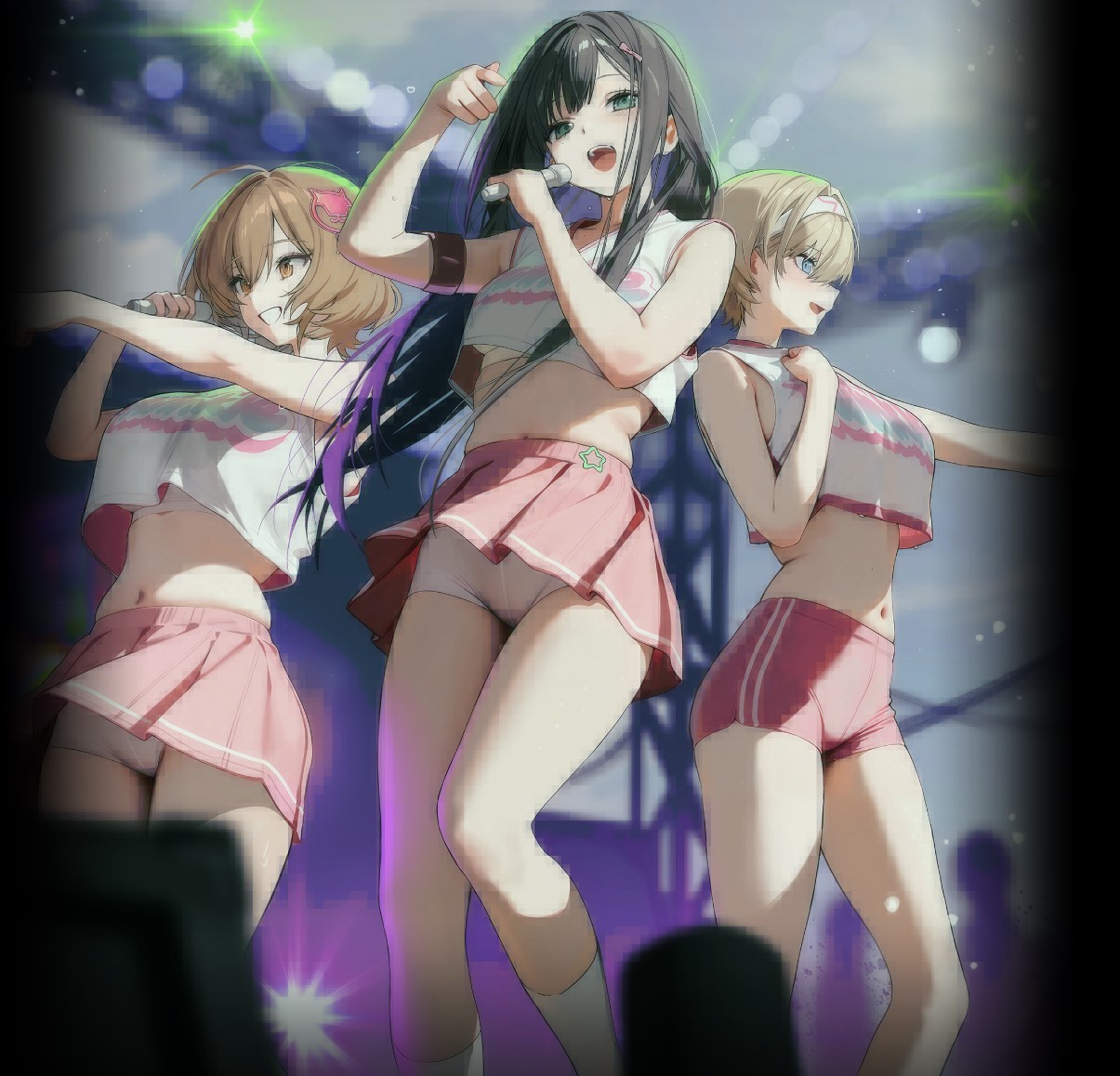 anis (nikke), mint (nikke), goddess of victory: nikke, character request, game cg, official art, tagme, 3girls, black hair, blonde hair, breasts, brown hair, crop top, idol, idol clothes, large breasts, long hair, microphone, midriff, miniskirt, multiple girls, music, short hair, shorts, singing, skindentation, skirt, small breasts, socks, upshirt, upskirt