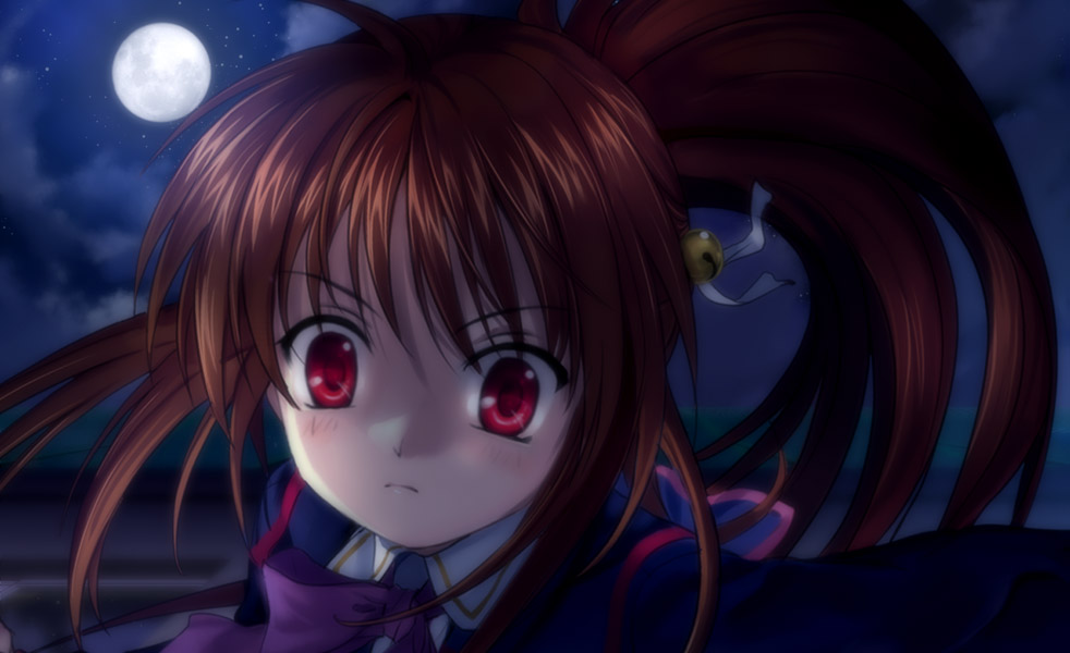 mutsuki (moonknives), natsume rin, key (company), little busters!, 1girl, bow, female focus, moon, pink bow, red eyes, red hair, solo