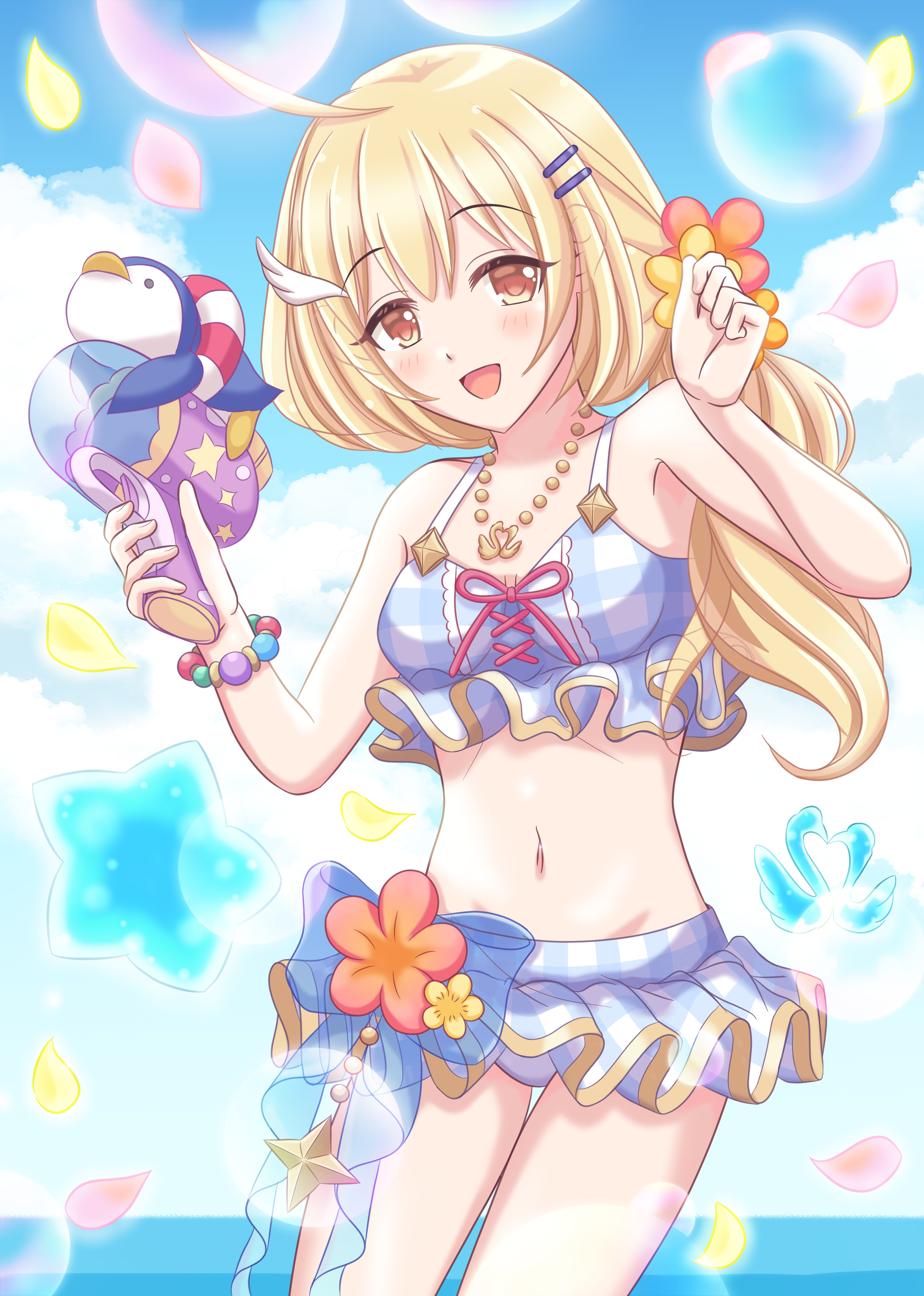 nattsu (nattsu shiro), clear (princess connect!), princess connect!, absurdres, highres, 1girl, ahoge, bead bracelet, beads, bikini, blonde hair, blue bikini, bracelet, breasts, clear (summer) (princess connect!), feather hair ornament, feathers, frilled bikini, frills, hair ornament, hairclip, holding, holding water gun, horizon, jewelry, long hair, looking at viewer, low ponytail, medium breasts, navel, necklace, ocean, open mouth, parallel hairclips, plaid bikini, plaid clothes, ponytail, smile, solo, swimsuit, water gun, yellow eyes