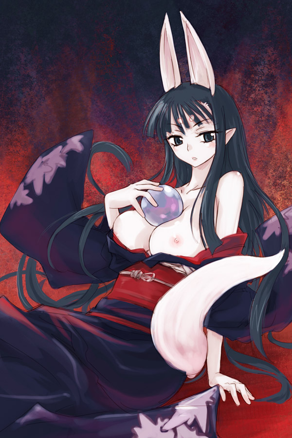 michael f91, hasaha, inari, summon night, summon night 2, 1girl, animal ears, ball, bare shoulders, between breasts, black hair, breasts, female focus, fox ears, japanese clothes, kimono, large breasts, nipples, pointy ears, rabbit ears, solo, tail