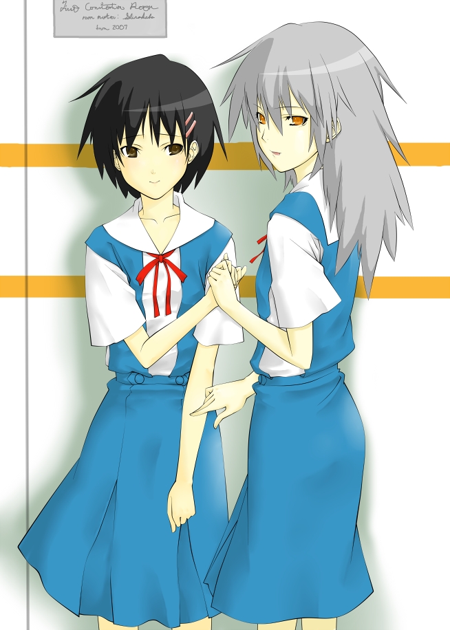 shinko, shira-kaba, ikari shinji, kaworu-chan, nagisa kaworu, shin-chan (evangelion), neon genesis evangelion, 2girls, genderswap, genderswap (mtf), holding hands, long hair, multiple girls, ribbon, school uniform, serafuku