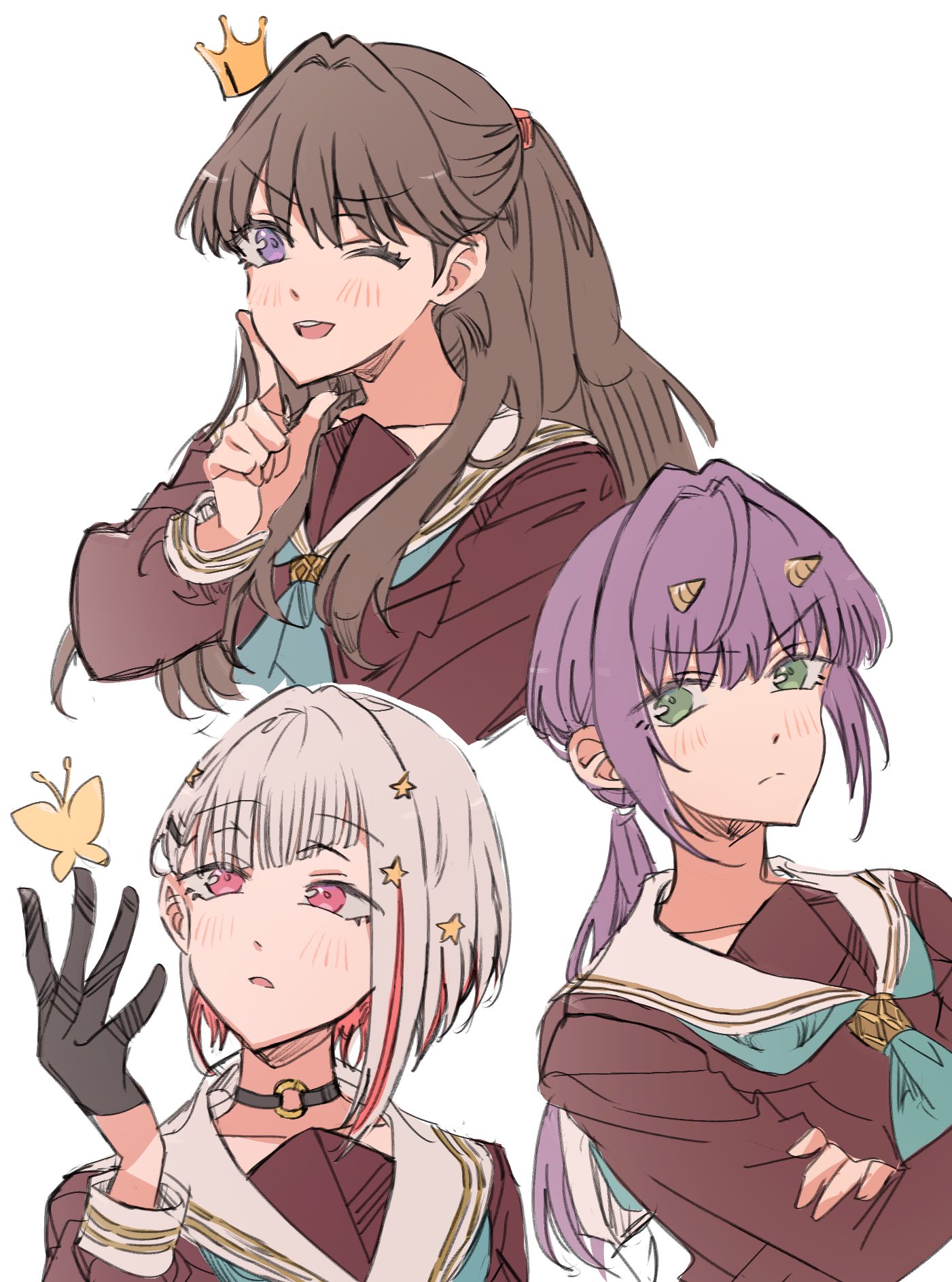 junjun (kimi-la), fujishima megumi, otomune kozue, yugiri tsuzuri, link! like! love live!, love live!, commentary request, highres, >:(, 3girls, ;d, aqua neckerchief, black choker, black gloves, blush, bob cut, brown dress, brown hair, bug, butterfly, choker, closed mouth, collarbone, colored inner hair, cone horns, crossed arms, diagonal bangs, dress, finger to cheek, floating crown, frown, gloves, green eyes, grey hair, hair ornament, half gloves, hasu no daisankaku, hasu no sora school uniform, horns, insect, inverted bob, long hair, long sleeves, looking at viewer, low ponytail, multicolored hair, multiple girls, neckerchief, o-ring, o-ring choker, one eye closed, open mouth, parted lips, ponytail, purple eyes, purple hair, red eyes, sailor collar, sailor dress, school uniform, short hair, sidelocks, simple background, smile, star (symbol), star hair ornament, streaked hair, teeth, two side up, upper teeth only, v-shaped eyebrows, virtual youtuber, white background, white sailor collar, winter uniform, yellow butterfly