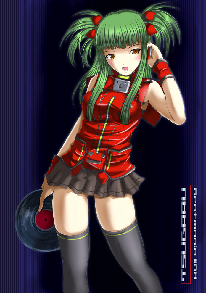 c-wing, hishimiya tsugaru, beatmania iidx, beatmania iidx 8th style, bemani, blush, green hair, headphones, miniskirt, skirt, solo, thighhighs, thighs, yellow eyes, zettai ryouiki