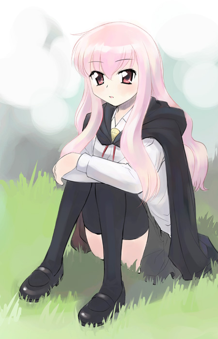 ikeda jun (mizutamari), louise francoise le blanc de la valliere, zero no tsukaima, reversed, 00s, 1girl, black thighhighs, cape, female focus, mary janes, parted lips, pentacle, pink hair, red eyes, shoes, sitting, solo, thighhighs, zettai ryouiki