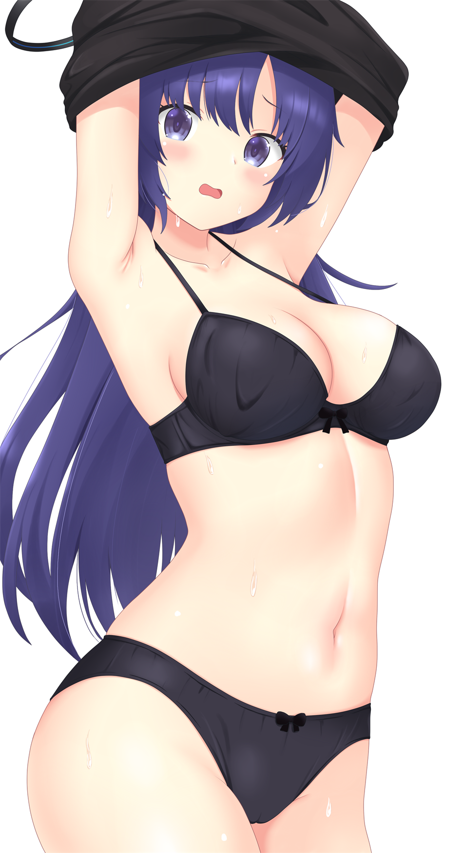 nendoroya, yuuka (blue archive), blue archive, commentary request, highres, arms up, black bra, black halo, black panties, blush, bow, bow bra, bow panties, bra, breasts, cameltoe, collarbone, halo, long hair, open mouth, panties, purple eyes, purple hair, simple background, standing, underwear, undressing, white background