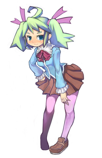 original, 1girl, ahoge, female focus, full body, green hair, hair ribbon, loafers, pantyhose, pink pantyhose, ribbon, school uniform, serafuku, shoes, simple background, single shoe, skirt, solo