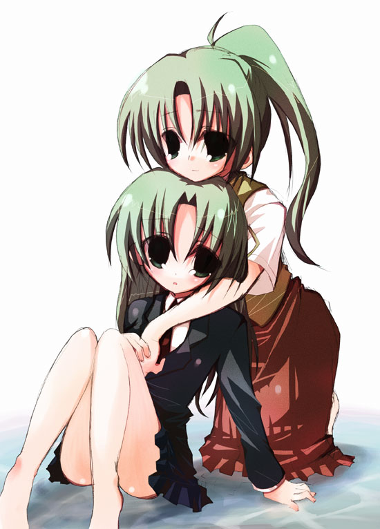 kosori (dennoukitan), yuugi, sonozaki mion, sonozaki shion, higurashi no naku koro ni, 00s, 2girls, green eyes, green hair, multiple girls, ponytail, siblings, sisters, twins