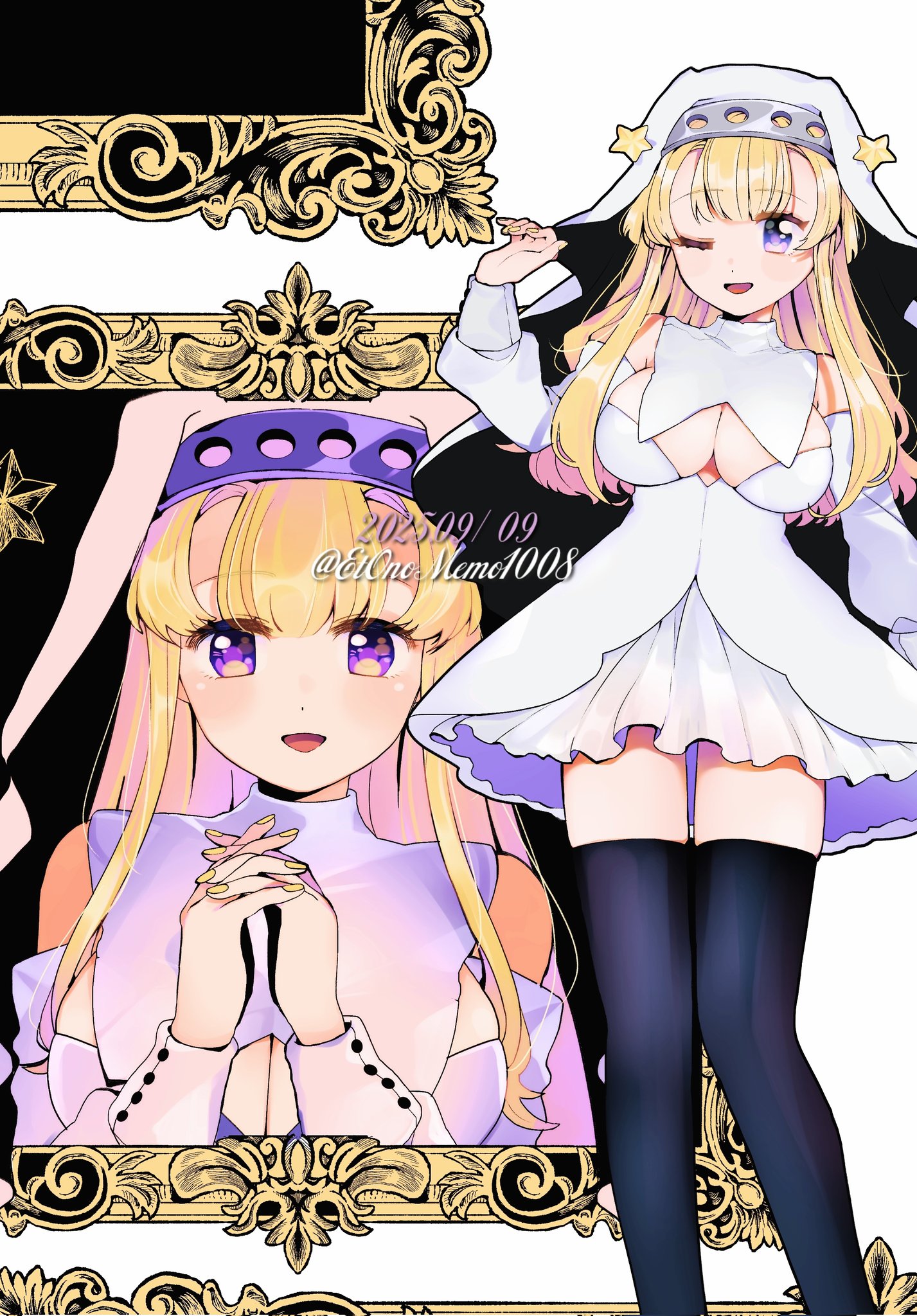 eto (etonomemo1008), fletcher (kancolle), kantai collection, highres, 1girl, alternate costume, black thighhighs, blonde hair, blush, breast curtains, breasts, cleavage, dated, detached sleeves, dress, large breasts, long hair, multiple views, nail polish, nun, one eye closed, open mouth, own hands together, picture frame, purple eyes, simple background, star (symbol), thighhighs, twitter username, white dress, white sleeves, yellow nails