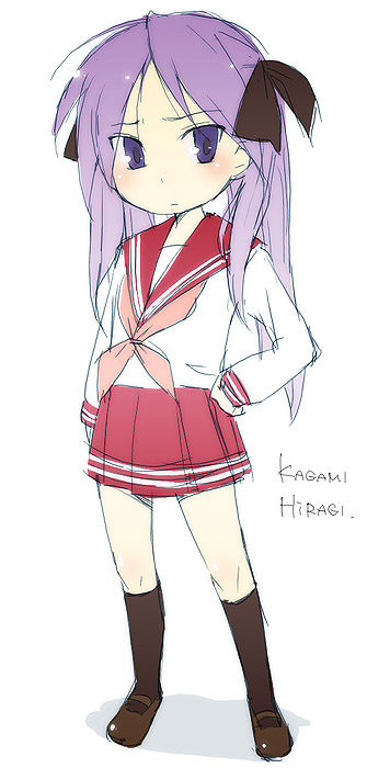 kyo (kuroichigo), hiiragi kagami, lucky star, bad id, 00s, 1girl, black socks, blue eyes, blush, brown shoes, female focus, full body, kneehighs, loafers, looking at viewer, pink hair, pleated skirt, red skirt, school uniform, serafuku, shirt, shoes, skirt, socks, solo, standing, twintails, white shirt