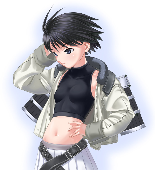 nekopuchi, kikuchi makoto, sakamoto ryouma (rance), idolmaster, idolmaster (classic), idolmaster 1, rance (series), sengoku rance, 00s, 1girl, antenna hair, belt, black eyes, black hair, cosplay, female focus, hand on own hip, jacket, midriff, sakamoto ryouma (rance) (cosplay), short hair, skirt, solo